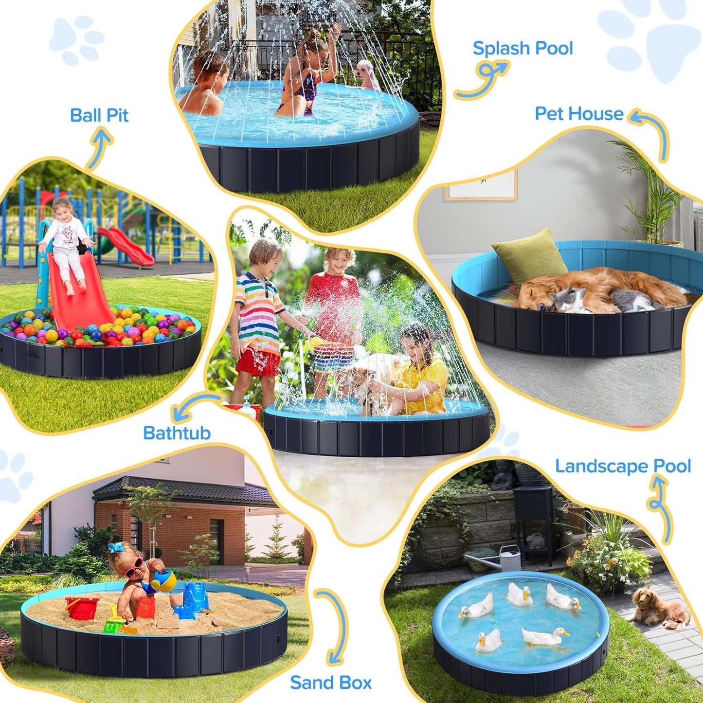 Dog Pool for Large Dogs, 63" Foldable Pet Wading Pool with Splash Sprinkler, Outdoor Summer Bathtub Heavy Duty for Puppy, Doggie, Duck -Blue -63 x 12 Inches