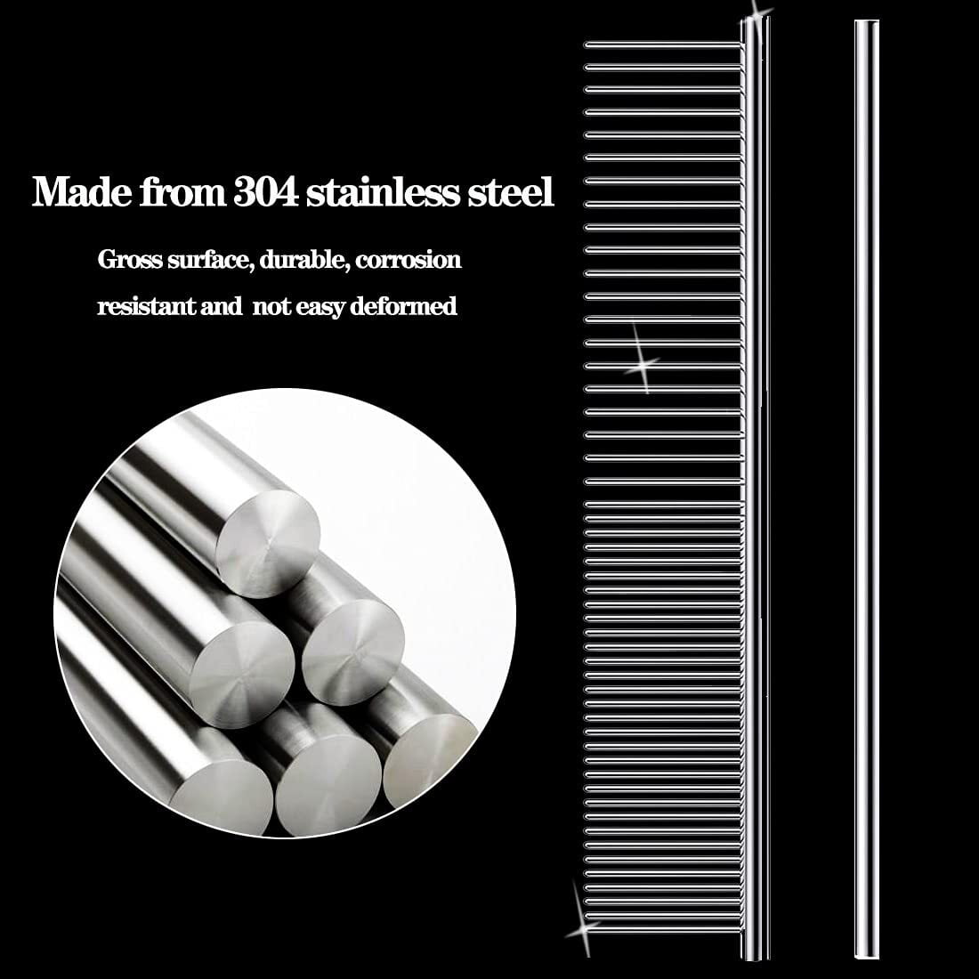 Metal Comb for Dogs, Metal Dog Combs, 2 Pack Cat Comb with Rounded Ends Stainless Steel Teeth, Professional Grooming Tool for Long and Short Matted Haired, Tangles and Knots, 7.48IN*1.57IN