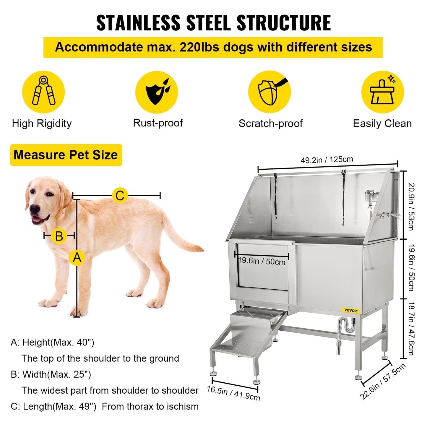 VEVORbrand 50 inch Dog Grooming Tub, Professional Stainless Steel Pet Dog Bath Tub with Steps Faucet & Accessories Dog Washing Station, Left-Door