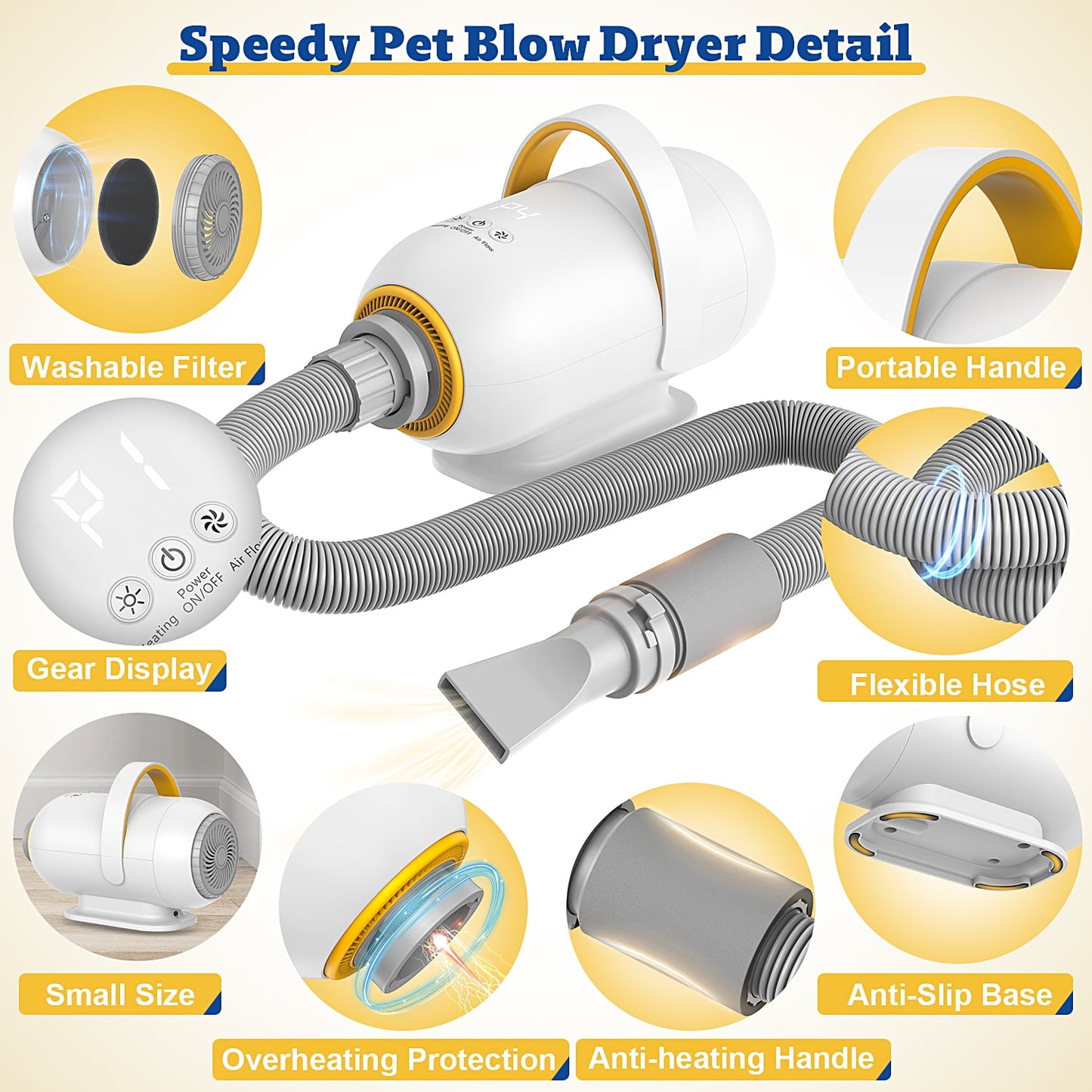Dog Blower Pet Hair Dryer with Adjustable Speed Temperature, Large Dog Hair Grooming Blower after Bath Swimming, 7 Levels Airflow Heating Blower with 4 Nozzles
