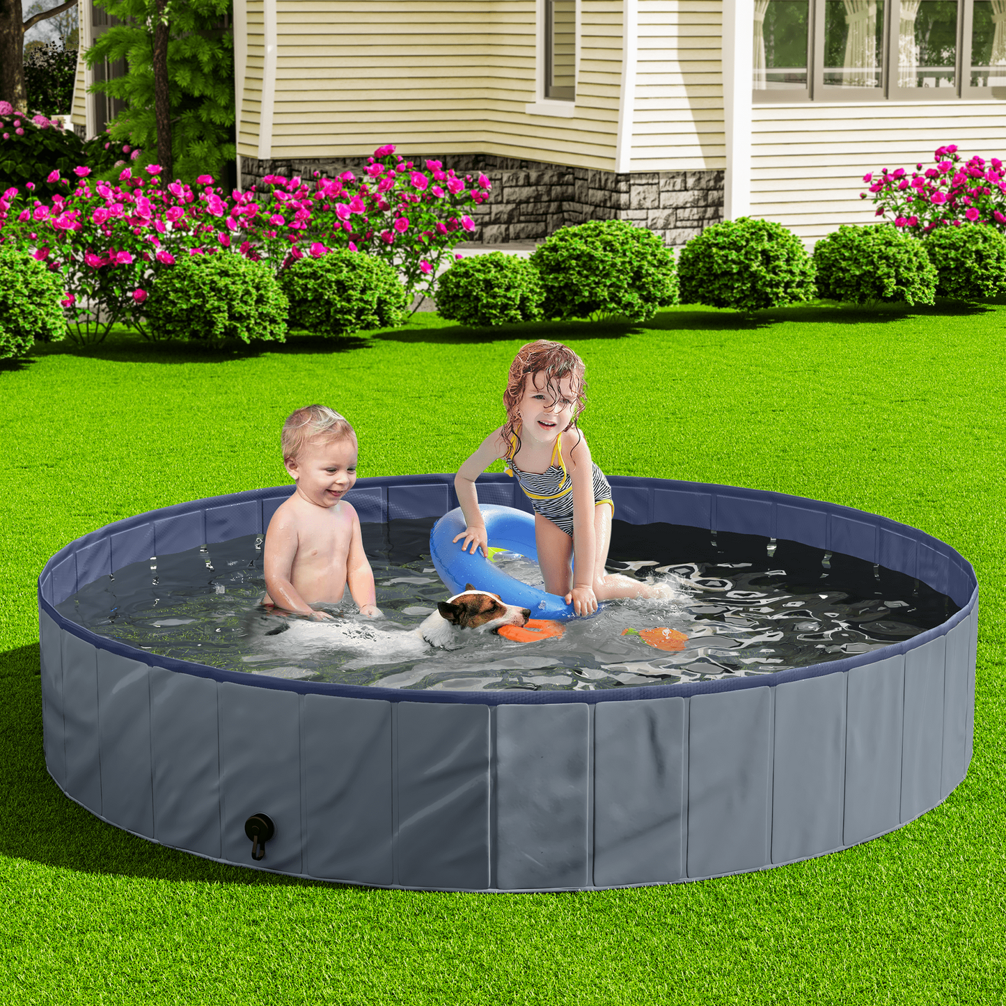 Furlinkhm Foldable Dog Pool, Outdoor Kiddie Pool with Hard Plastic, Portable Non-Slip Dog Bath Tub, Collapsible Dog Swimming Pool for Dogs Pets Kids (Gray, 63" x 12")