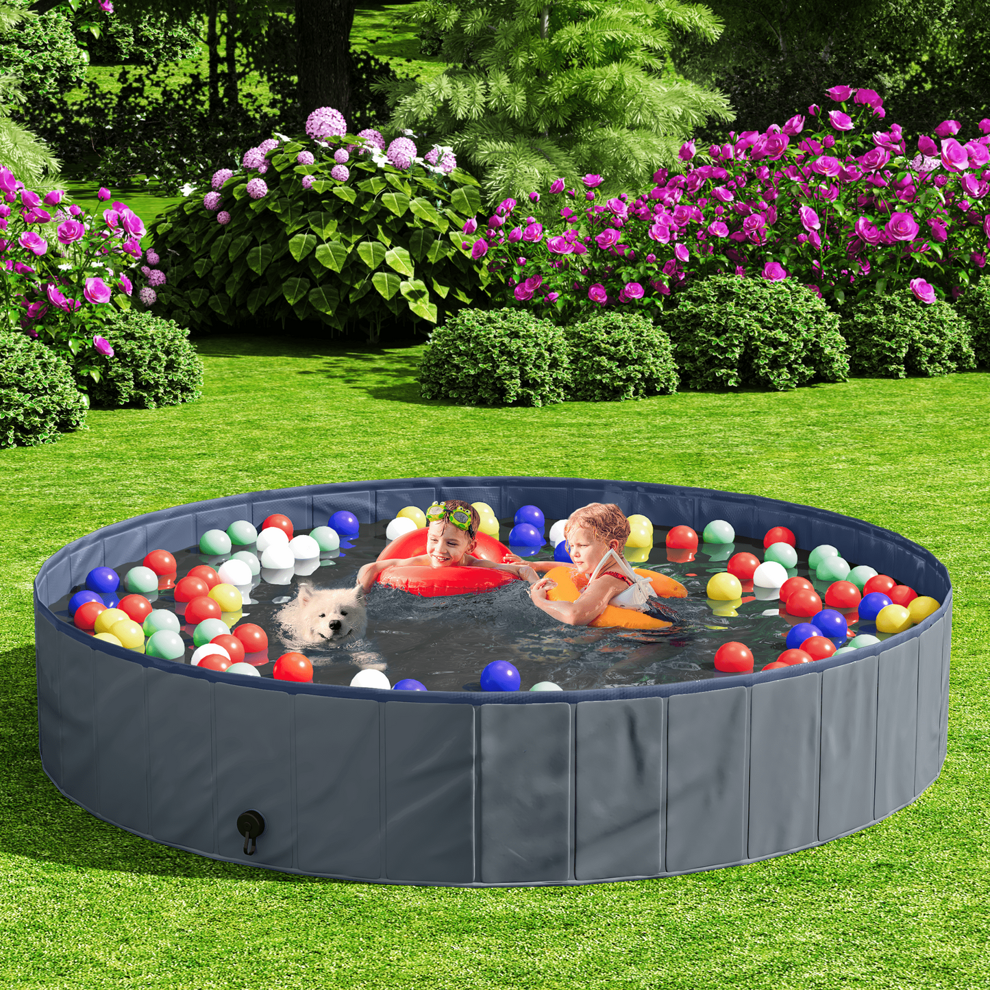 Furlinkhm Foldable Dog Pool, Outdoor Kiddie Pool with Hard Plastic, Portable Non-Slip Dog Bath Tub, Collapsible Dog Swimming Pool for Dogs Pets Kids (Gray, 63" x 12")