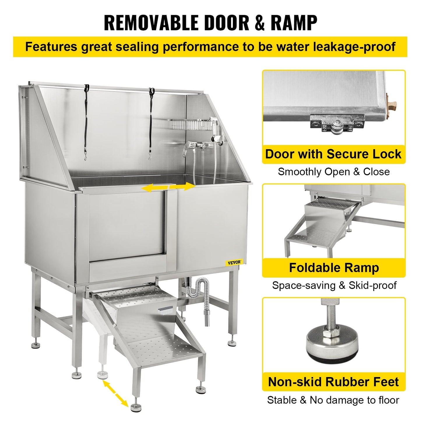 VEVORbrand 50 inch Dog Grooming Tub, Professional Stainless Steel Pet Dog Bath Tub with Steps Faucet & Accessories Dog Washing Station, Left-Door