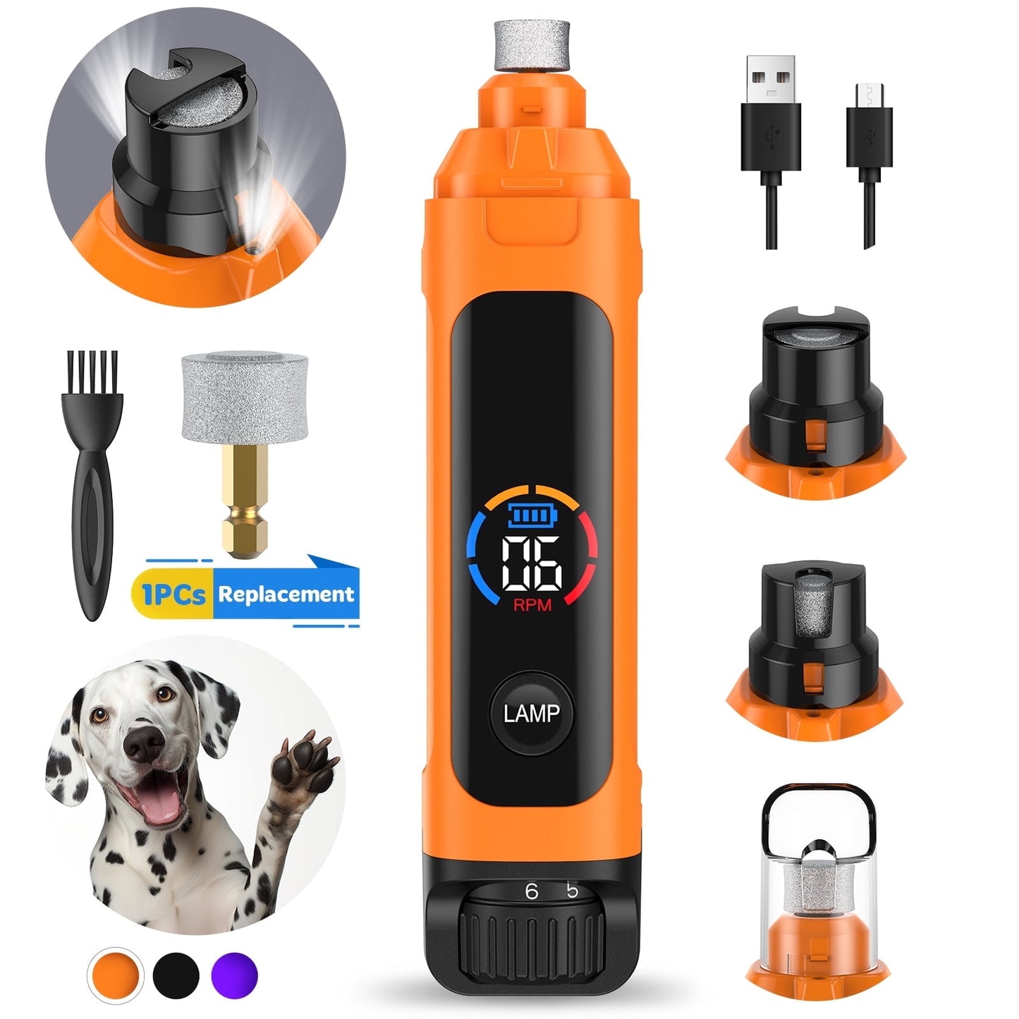 LAKWAR Dog Nail Grinder,6-Speed Pet Nail Grinder W/Light Quiet Rechargeable Electric Dog Nail Trimmer Painless Paws Grooming & Smoothing Tool for Large Medium Small Dogs(Purple)