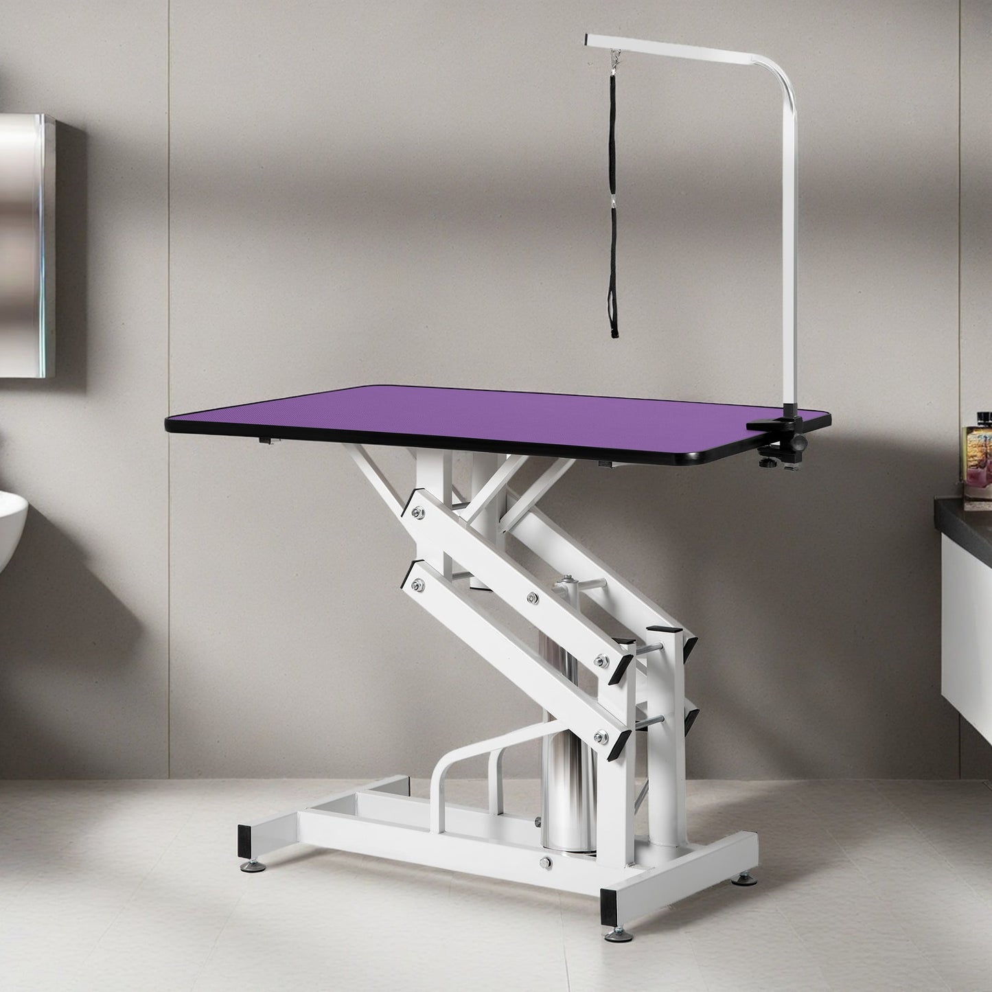 Pefilos 44" Hydraulic Pet Grooming Table for Large Dogs Professional Heavy Duty Adjustable Height - Portable Trimming Table Drying Table w/Arm/Noose, Black