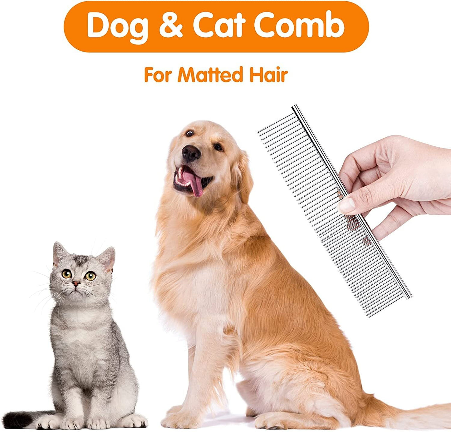 Metal Comb for Dogs, Metal Dog Combs, 2 Pack Cat Comb with Rounded Ends Stainless Steel Teeth, Professional Grooming Tool for Long and Short Matted Haired, Tangles and Knots, 7.48IN*1.57IN