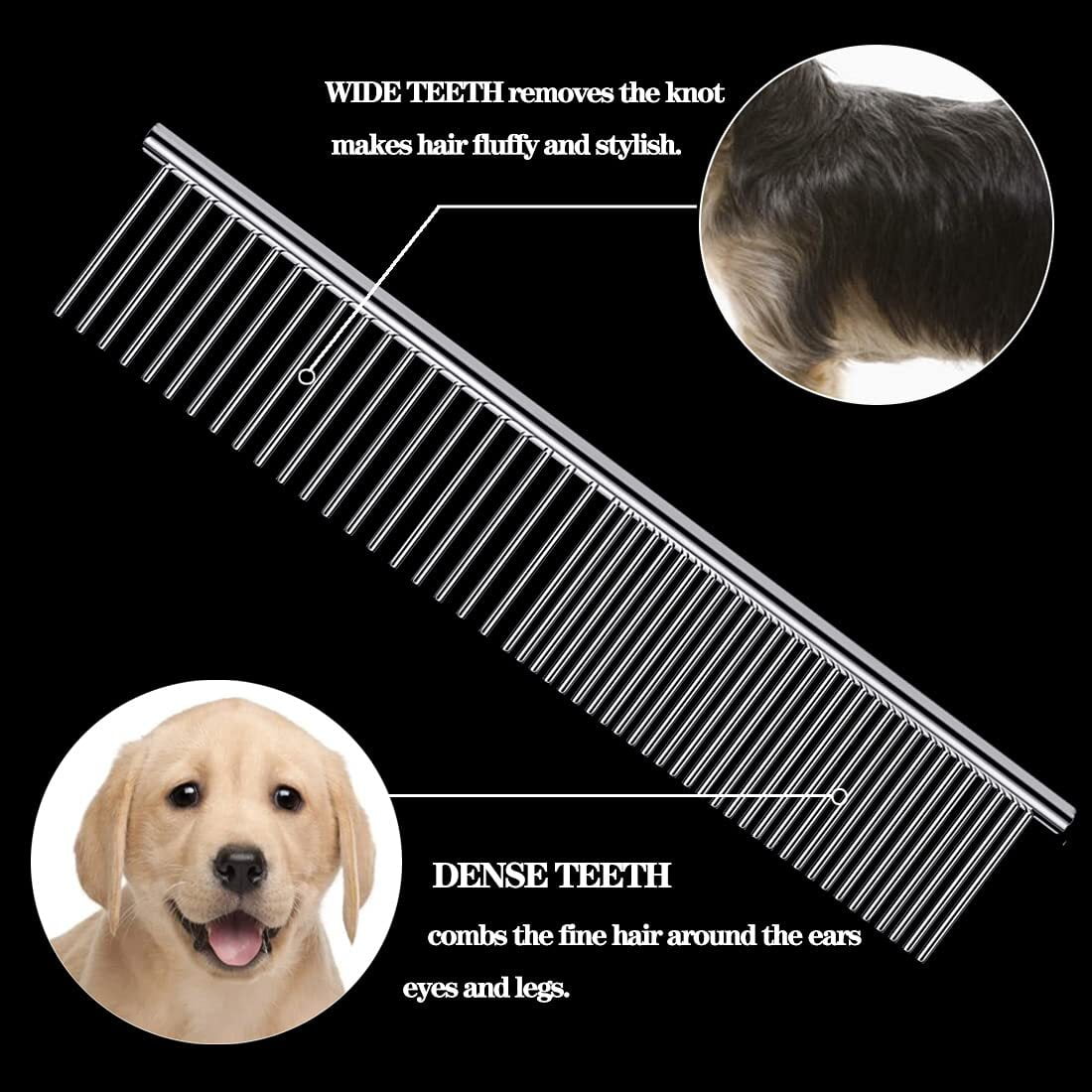 Metal Comb for Dogs, Metal Dog Combs, 2 Pack Cat Comb with Rounded Ends Stainless Steel Teeth, Professional Grooming Tool for Long and Short Matted Haired, Tangles and Knots, 7.48IN*1.57IN