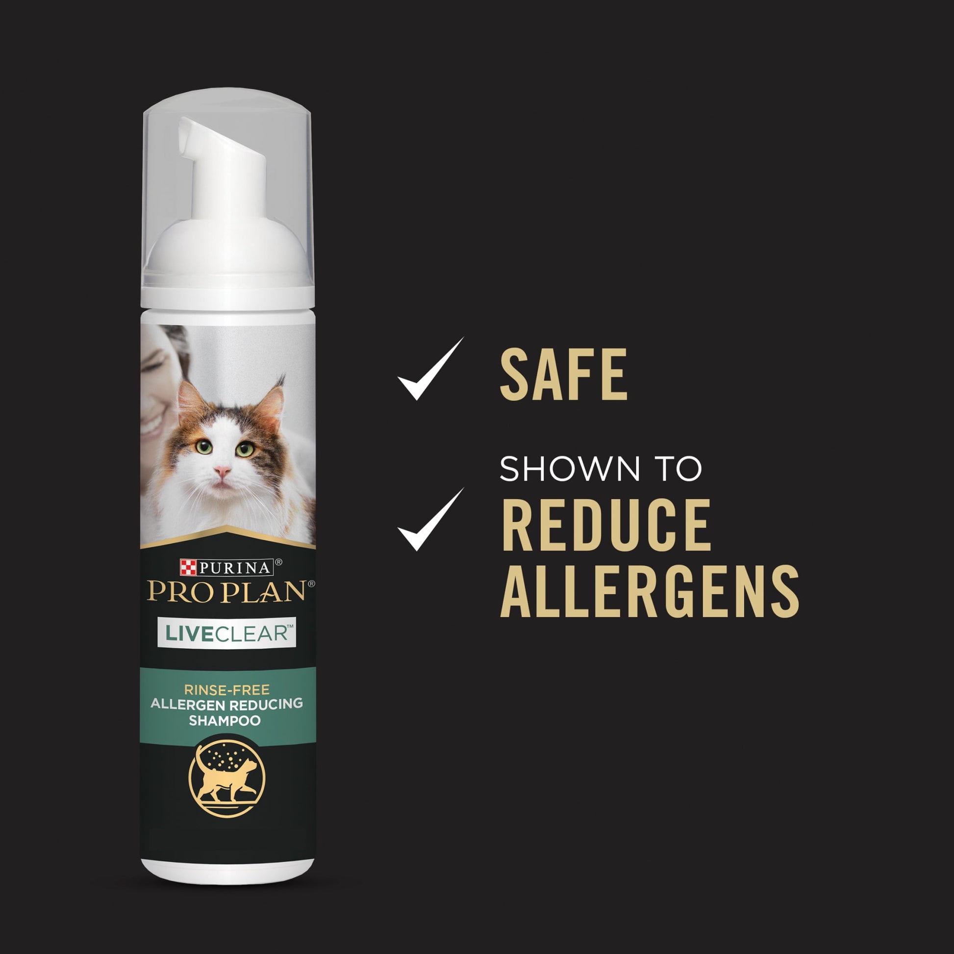 Purina Pro Plan Rinse Free, Allergen Reducing Dry Shampoo for Cats, LIVECLEAR Cleansing Foam, 8.5 oz.