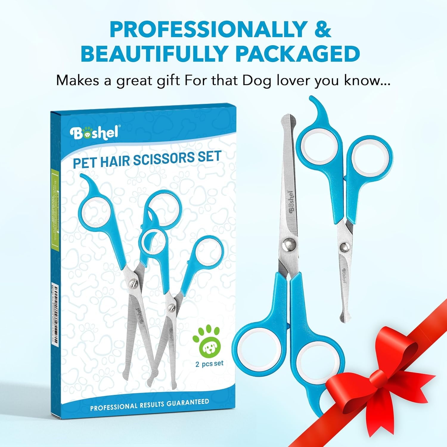 Boshel Dog Scissors for Grooming, 1 Small Micro Serrated, 1 Large 7" Straight with Safe Rounded Tips
