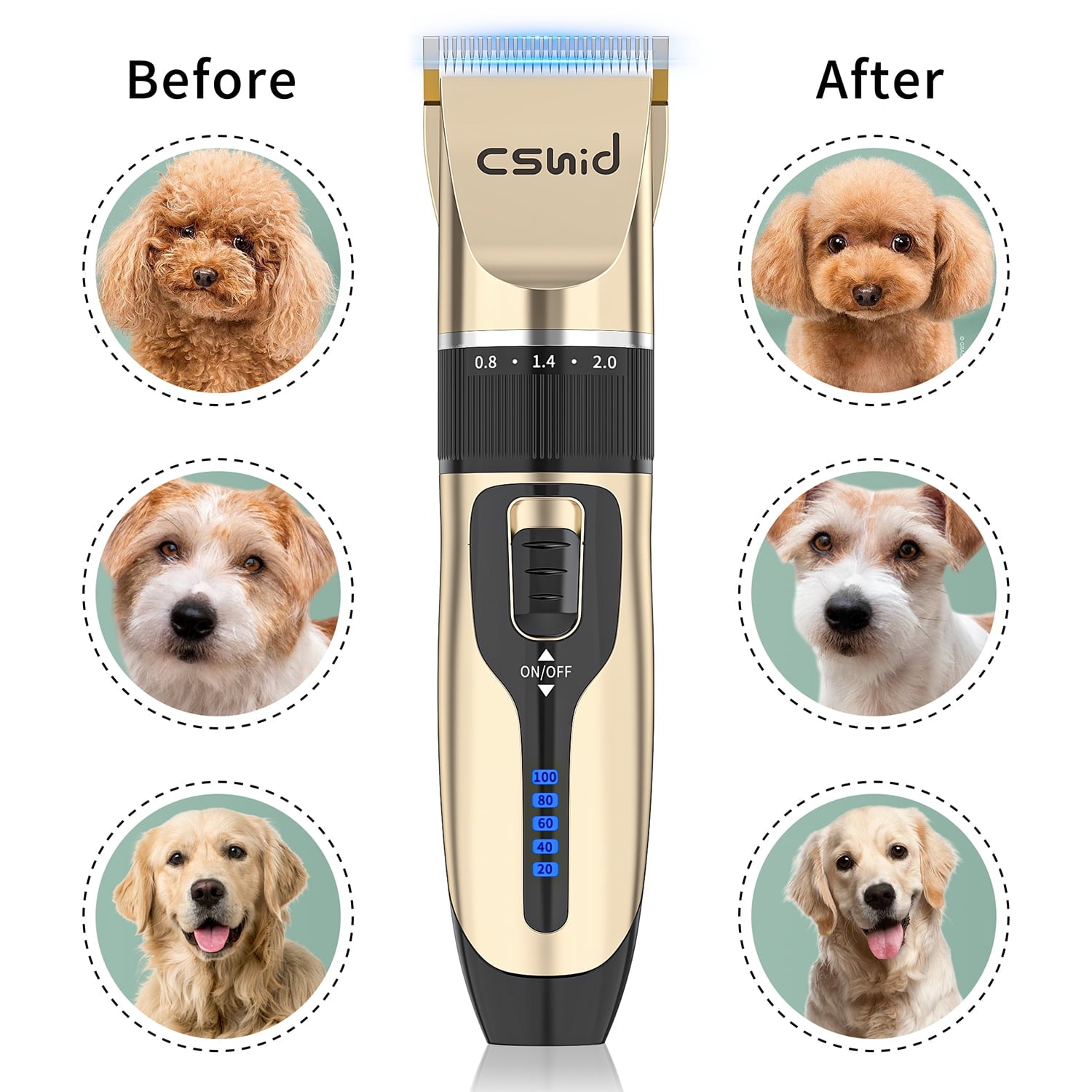 Dog Clippers, USB Rechargeable Cordless Dog Grooming Kit, Low Noise Electric Pets Hair Trimmers, Quiet Washable Shaver Clippers Shears for Thick Coats Dogs Cats with LED Display, 4 Comb Guides