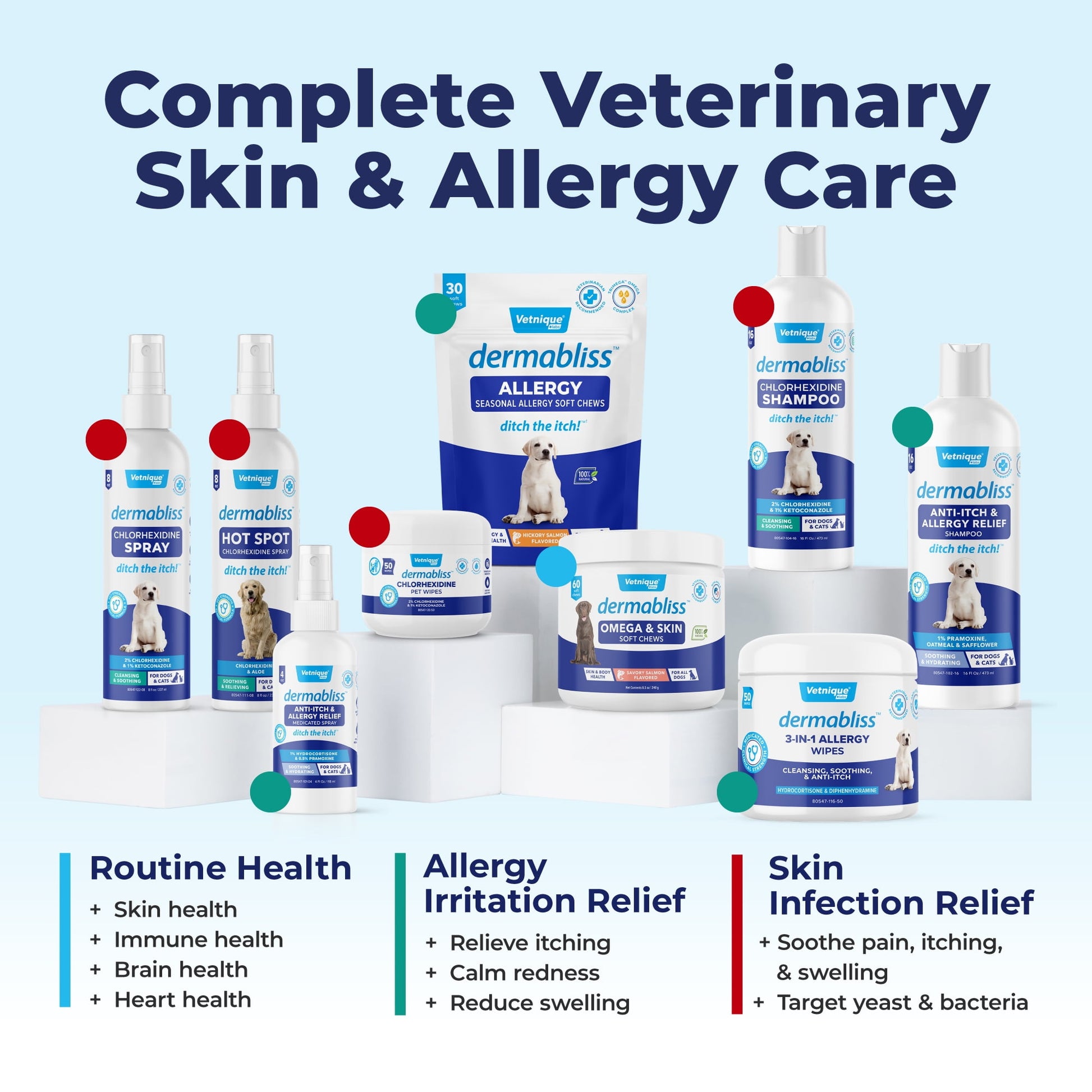 Vetnique Labs Dermabliss 3-in-1 Medicated Allergy Wipes, for Dogs and Cats, with Hydrocortisone, 50 Count
