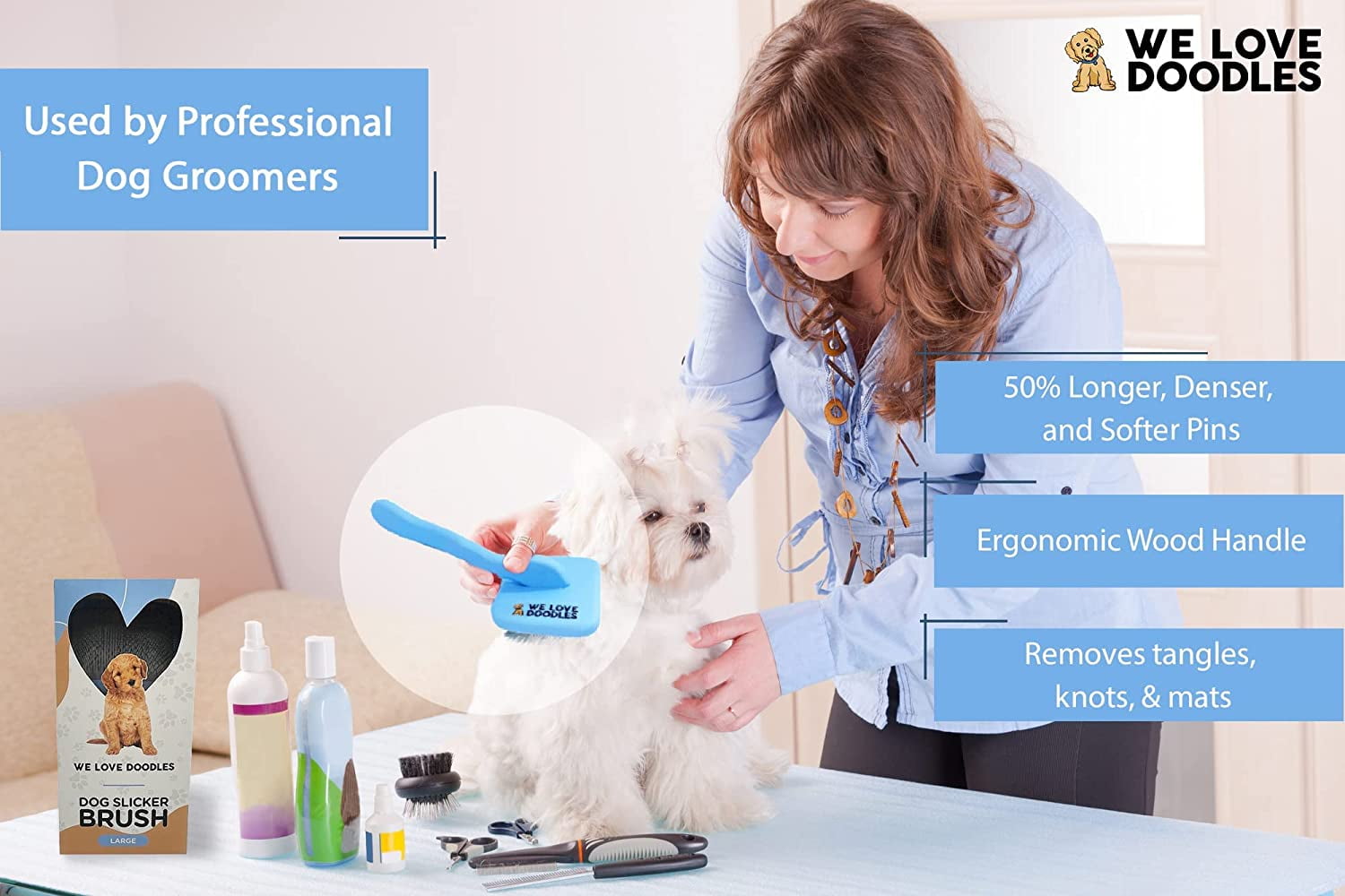 We Love Doodles Dog Slicker Brush, Dog Doodle Brush for Grooming Pet Hair Dog Brush, Poodle & Goldendoodle Brush for Dogs (Large)
