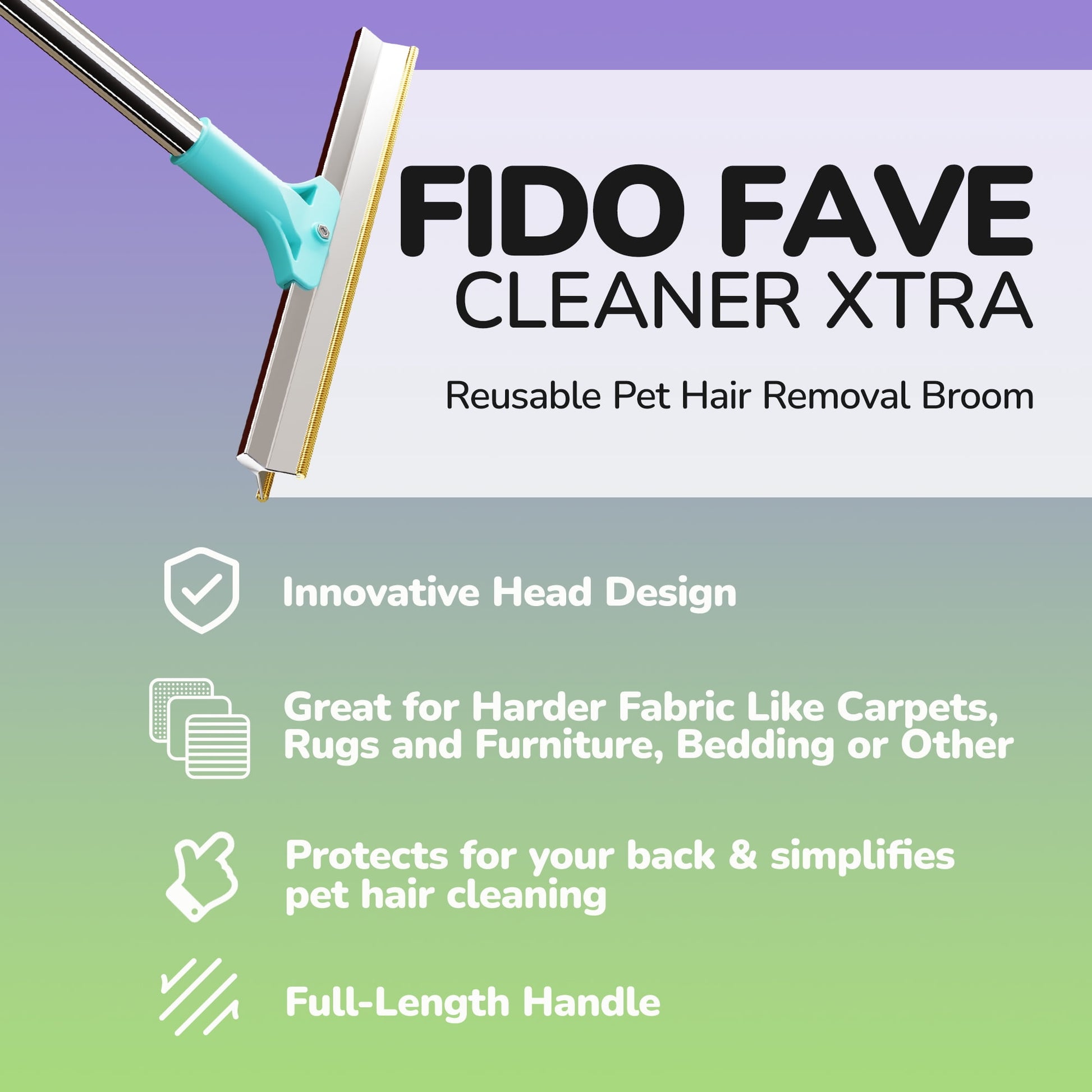 Fido Fave Xtra Carpet Rake for Pet Hair Removal,51in Handle Pet Hair Remover Dog Hair Remover,Reusable Pet Hair Scraper,Carpet Hair Removal Tool