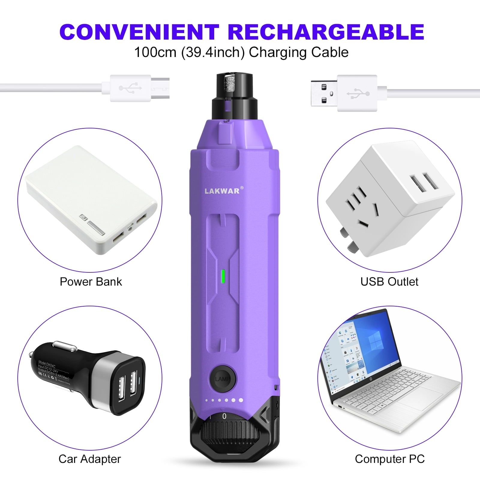 LAKWAR Dog Nail Grinder,6-Speed Pet Nail Grinder W/Light Quiet Rechargeable Electric Dog Nail Trimmer Painless Paws Grooming & Smoothing Tool for Large Medium Small Dogs(Purple)