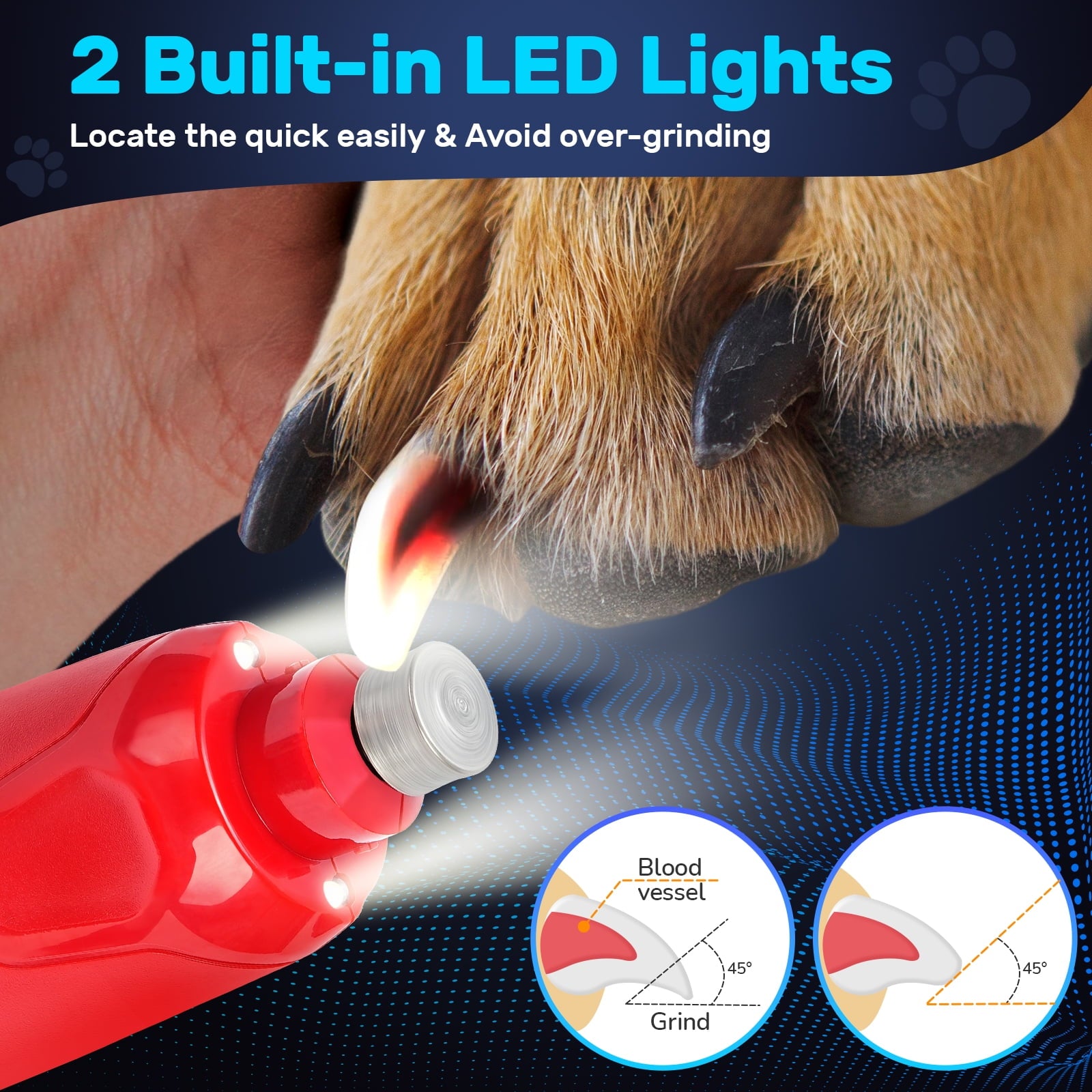 BEBANG Dog Nail Grinder Super Quiet, 6-Speed Pet Nail Grinder with 2 LED Lights, 3 Ports Dog Nail Trimmer