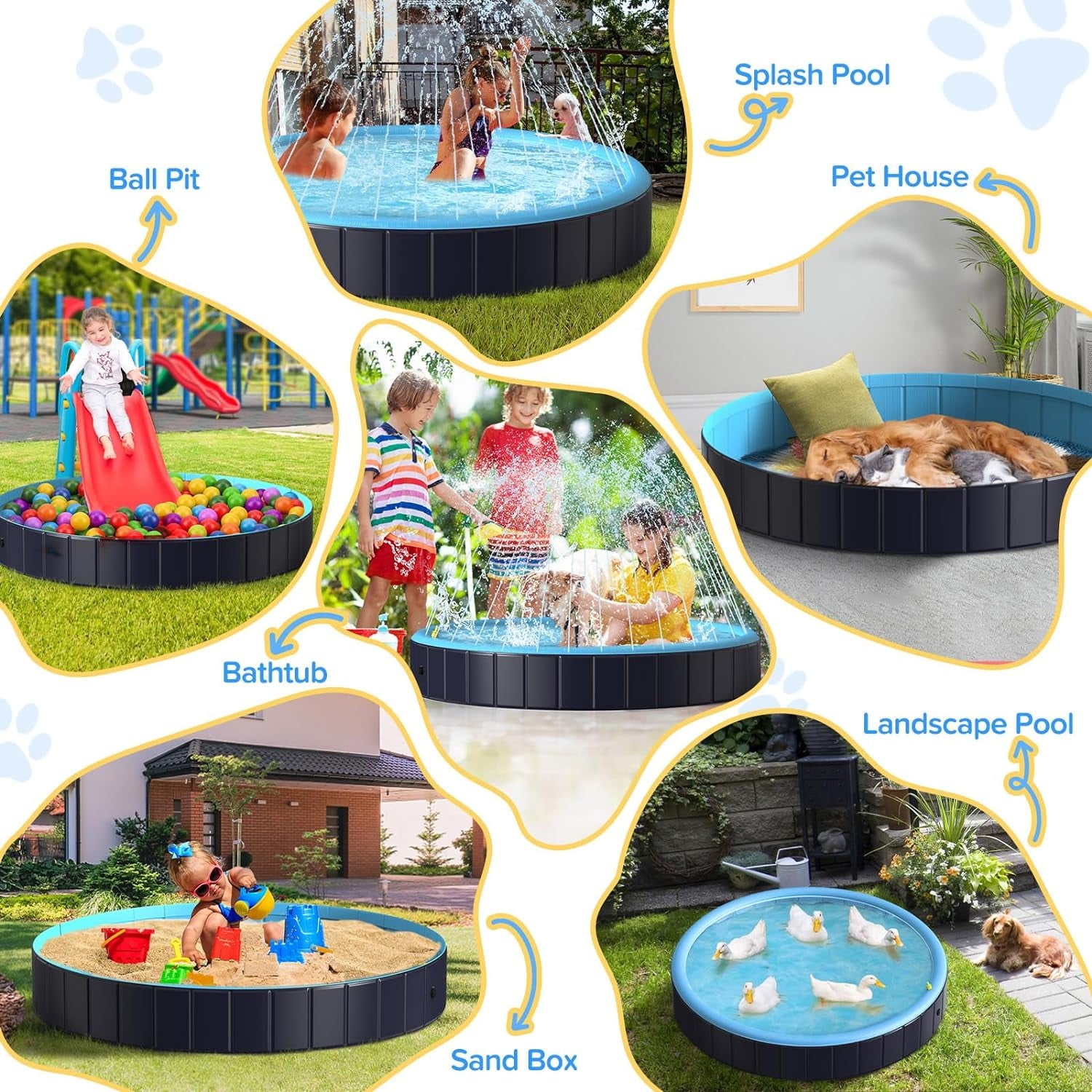 Dog Pool for Large Dogs, 63" Foldable Pet Wading Pool with Splash Sprinkler, Outdoor Summer Bathtub Heavy Duty for Puppy, Doggie, Duck -Blue -63 x 12 Inches