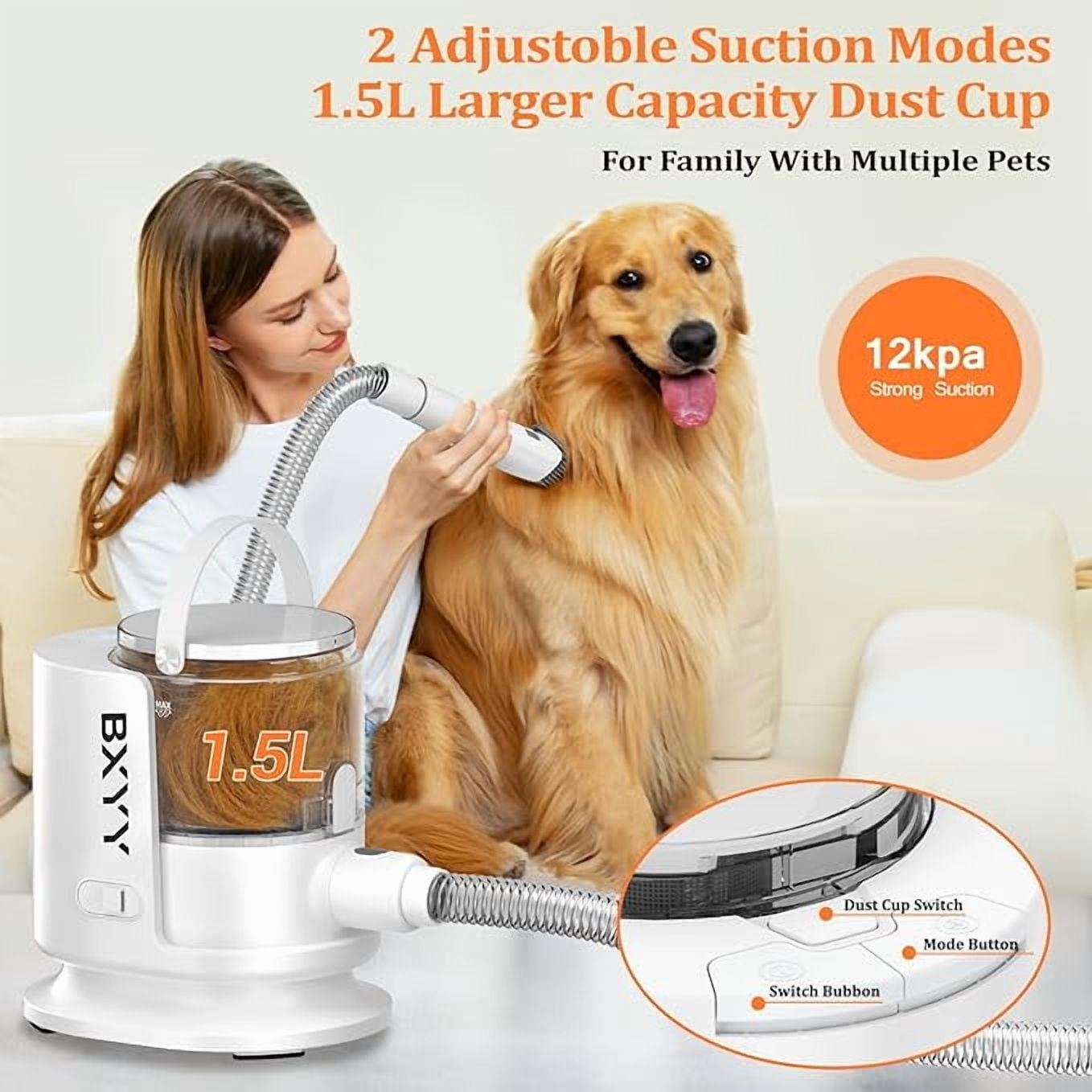 5-in-1 Pet Grooming Vacuum Kit for Dogs and Cats, 13kPa Suction, Low-Noise Hair Clipper, 2.5L Dust Cup, Shedding Brush, Home Pet Hair Cleaner