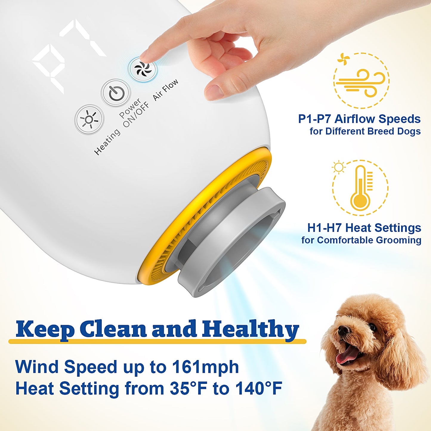 Dog Blower Pet Hair Dryer with Adjustable Speed Temperature, Large Dog Hair Grooming Blower after Bath Swimming, 7 Levels Airflow Heating Blower with 4 Nozzles