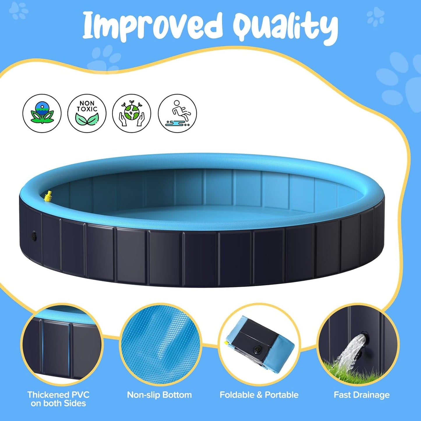 Dog Pool for Large Dogs, 63" Foldable Pet Wading Pool with Splash Sprinkler, Outdoor Summer Bathtub Heavy Duty for Puppy, Doggie, Duck -Blue -63 x 12 Inches