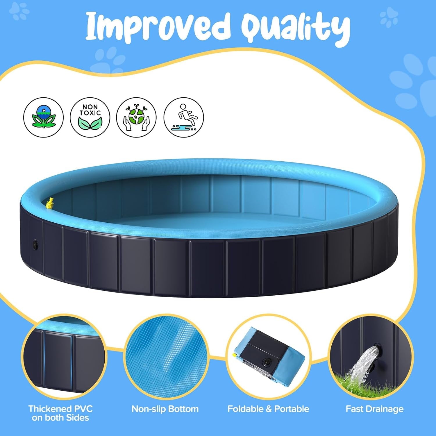 Dog Pool for Large Dogs, 63" Foldable Pet Wading Pool with Splash Sprinkler, Outdoor Summer Bathtub Heavy Duty for Puppy, Doggie, Duck -Blue -63 x 12 Inches