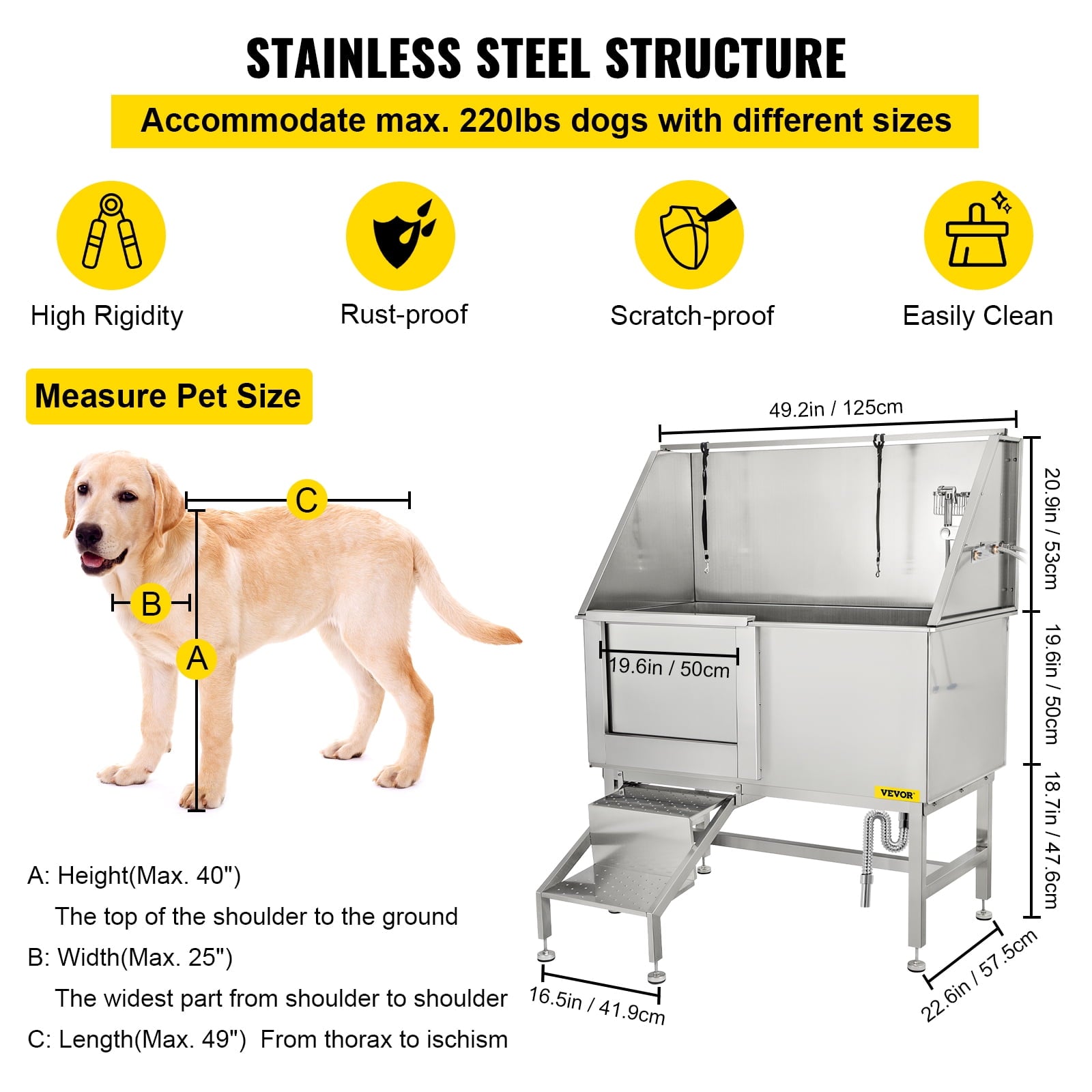 VEVORbrand 50 inch Dog Grooming Tub, Professional Stainless Steel Pet Dog Bath Tub with Steps Faucet & Accessories Dog Washing Station, Left-Door
