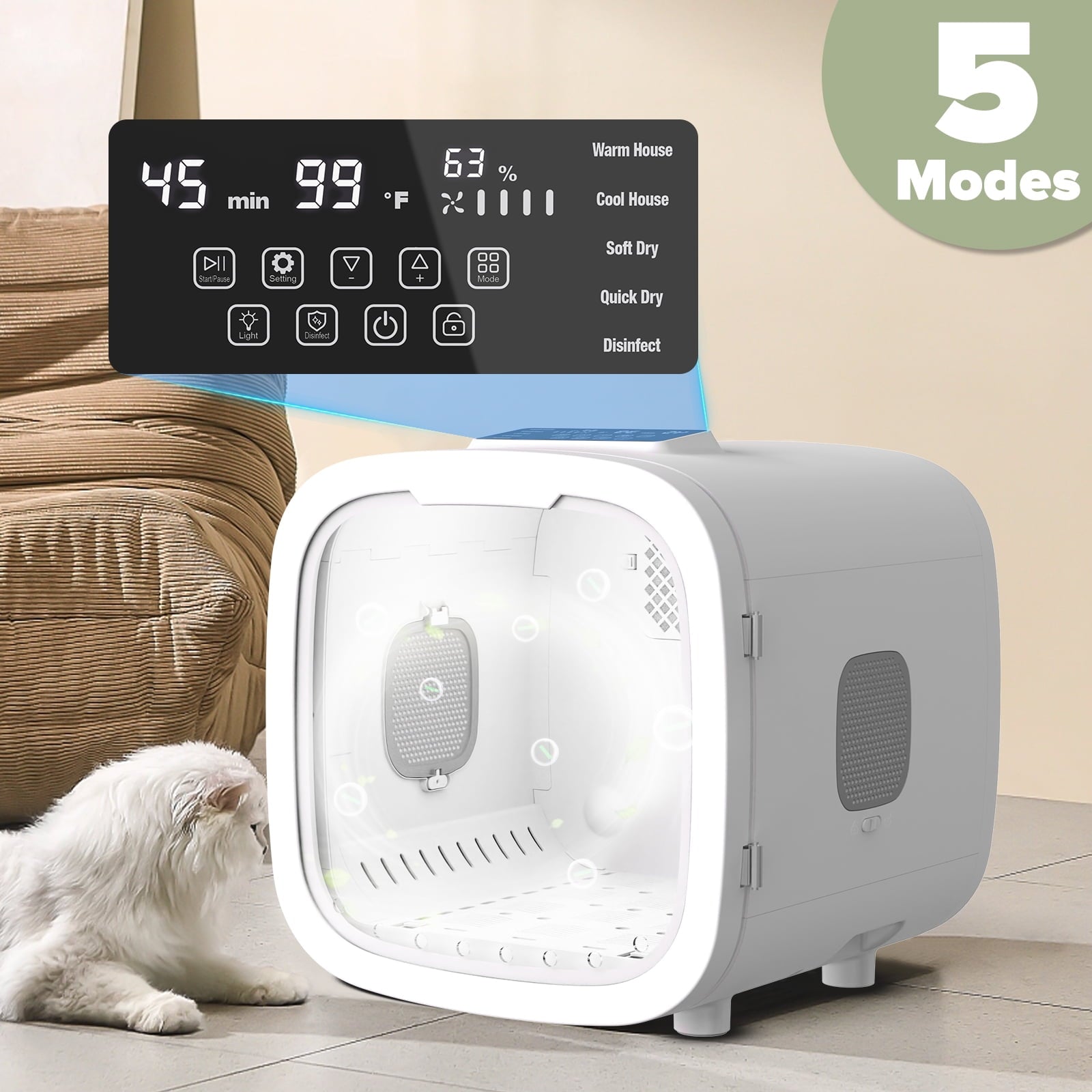 ADVWIN 52L Automatic Pet Dryer Box for Cats & Small Dogs for Pet Grooming, Adjustable Speed & Temperature, Timer, Light, Quiet, White