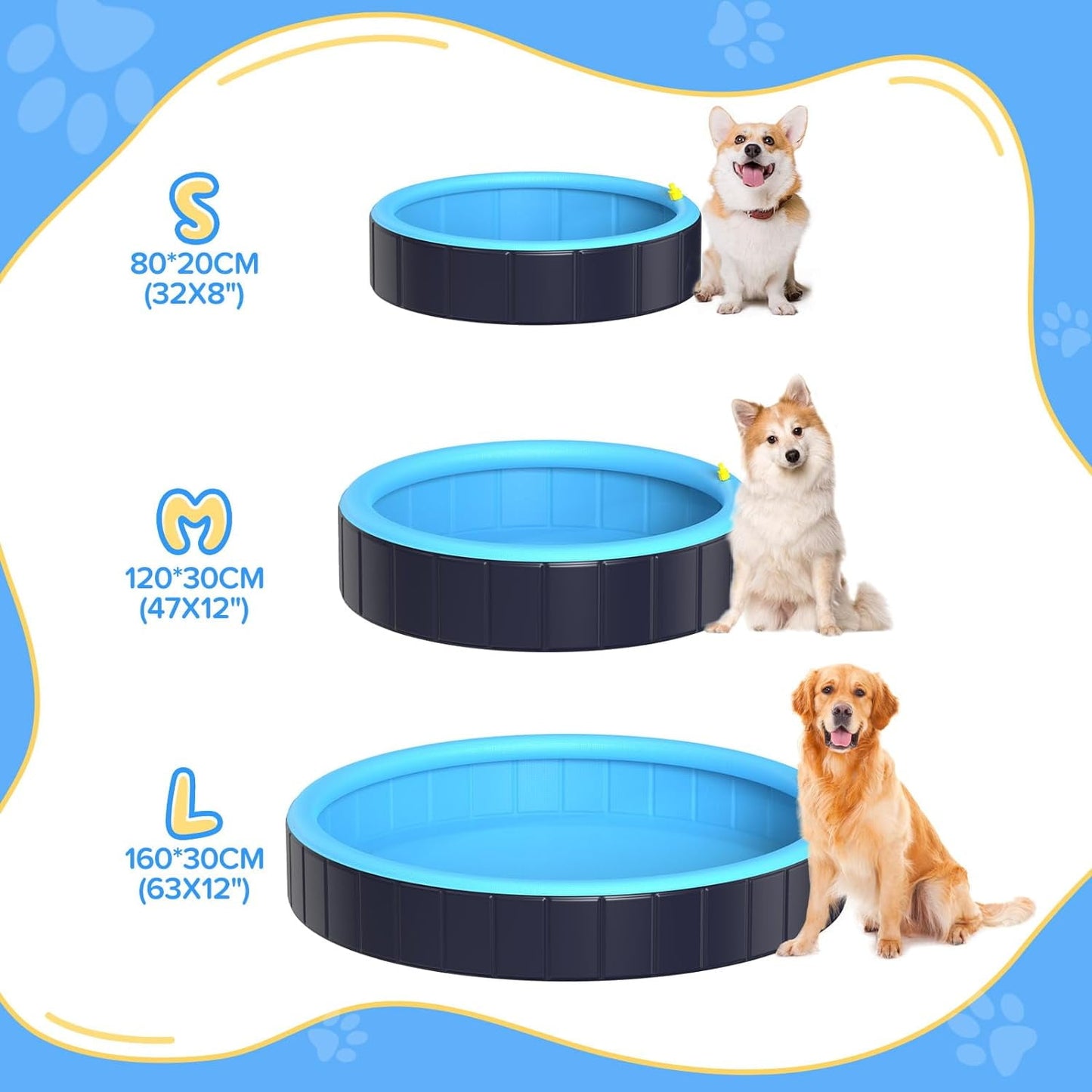 Dog Pool for Large Dogs, 63" Foldable Pet Wading Pool with Splash Sprinkler, Outdoor Summer Bathtub Heavy Duty for Puppy, Doggie, Duck -Blue -63 x 12 Inches
