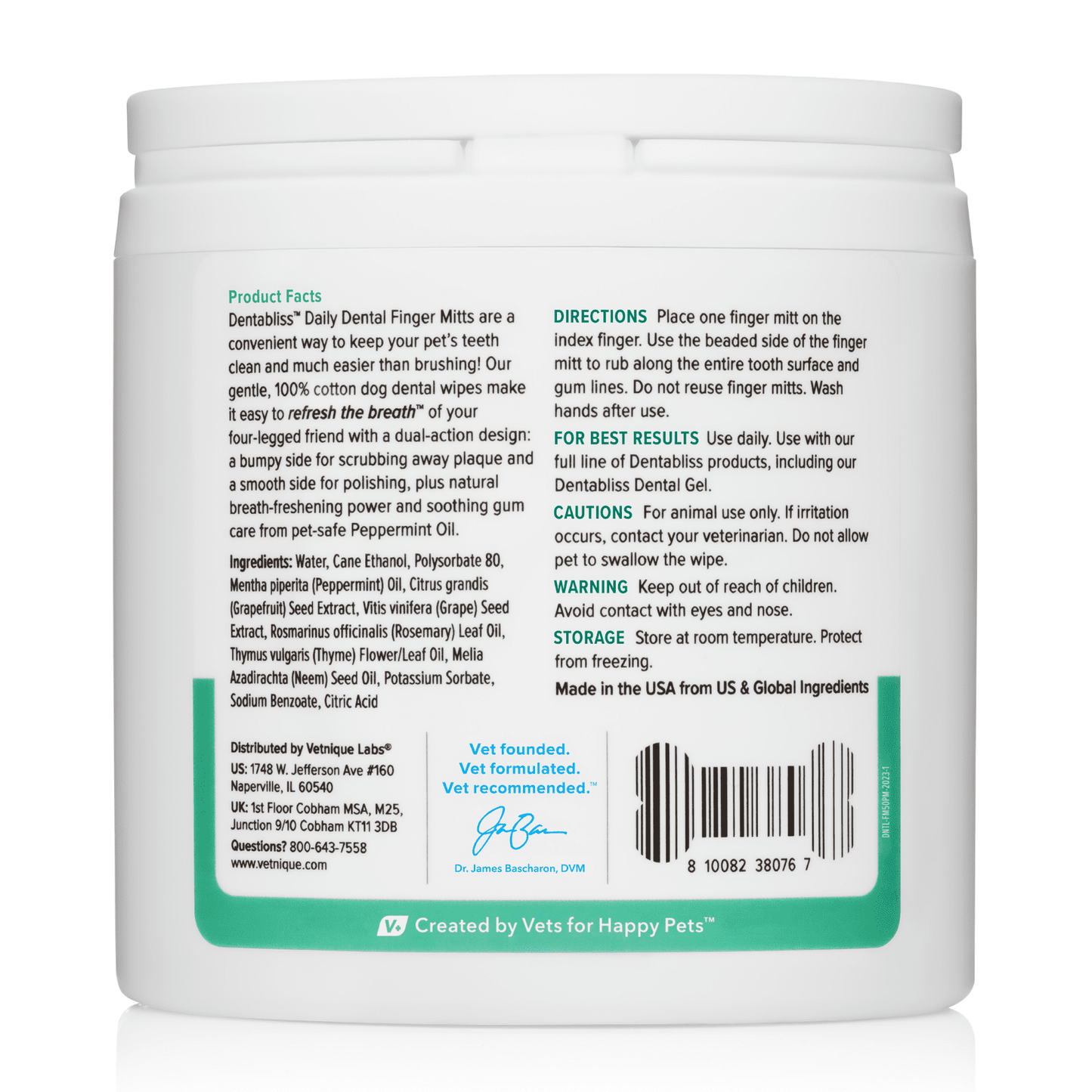 Vetnique Labs Dentabliss Dental Wipes Finger Mitts, for Dogs & Cats, Peppermint Flavored, 50 Wipes