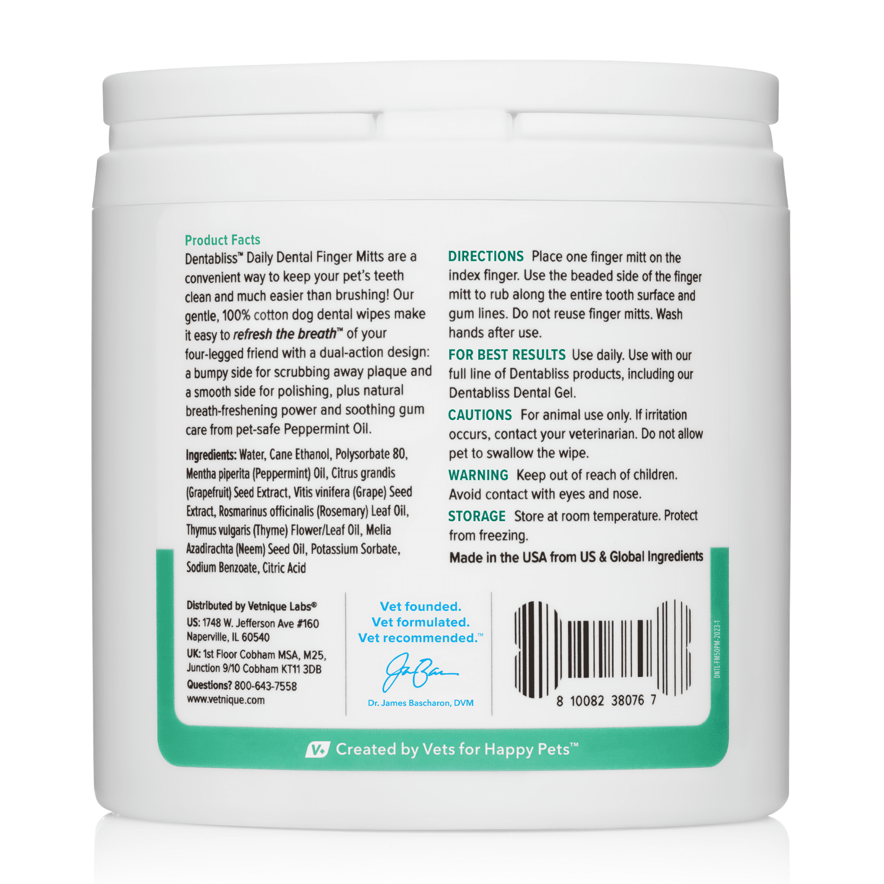 Vetnique Labs Dentabliss Dental Wipes Finger Mitts, for Dogs & Cats, Peppermint Flavored, 50 Wipes