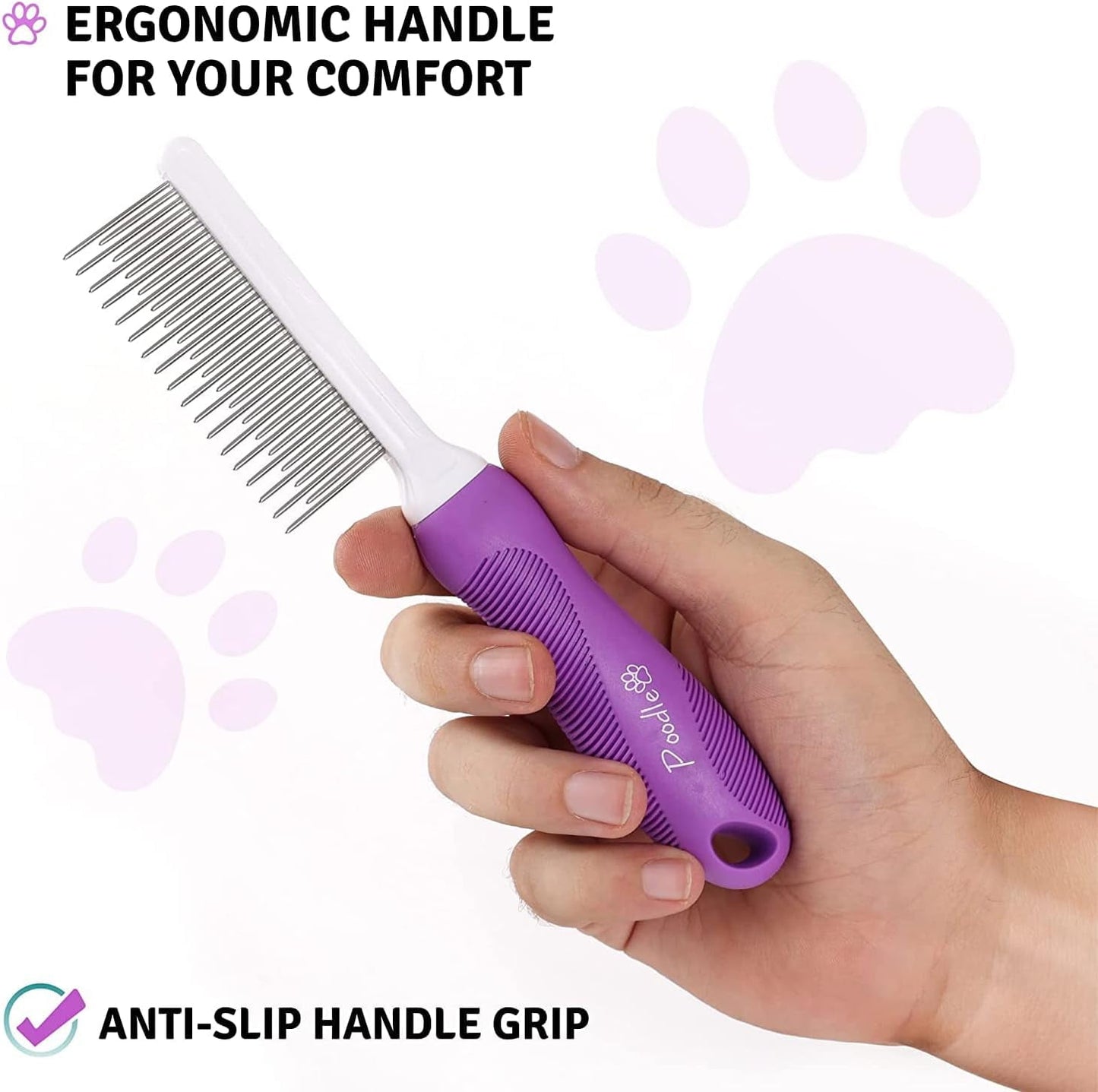Poodle Pet 2-in-1 Stainless Steel Detangler Comb Cat & Dog Grooming Brush Groomer, Fleas Tool