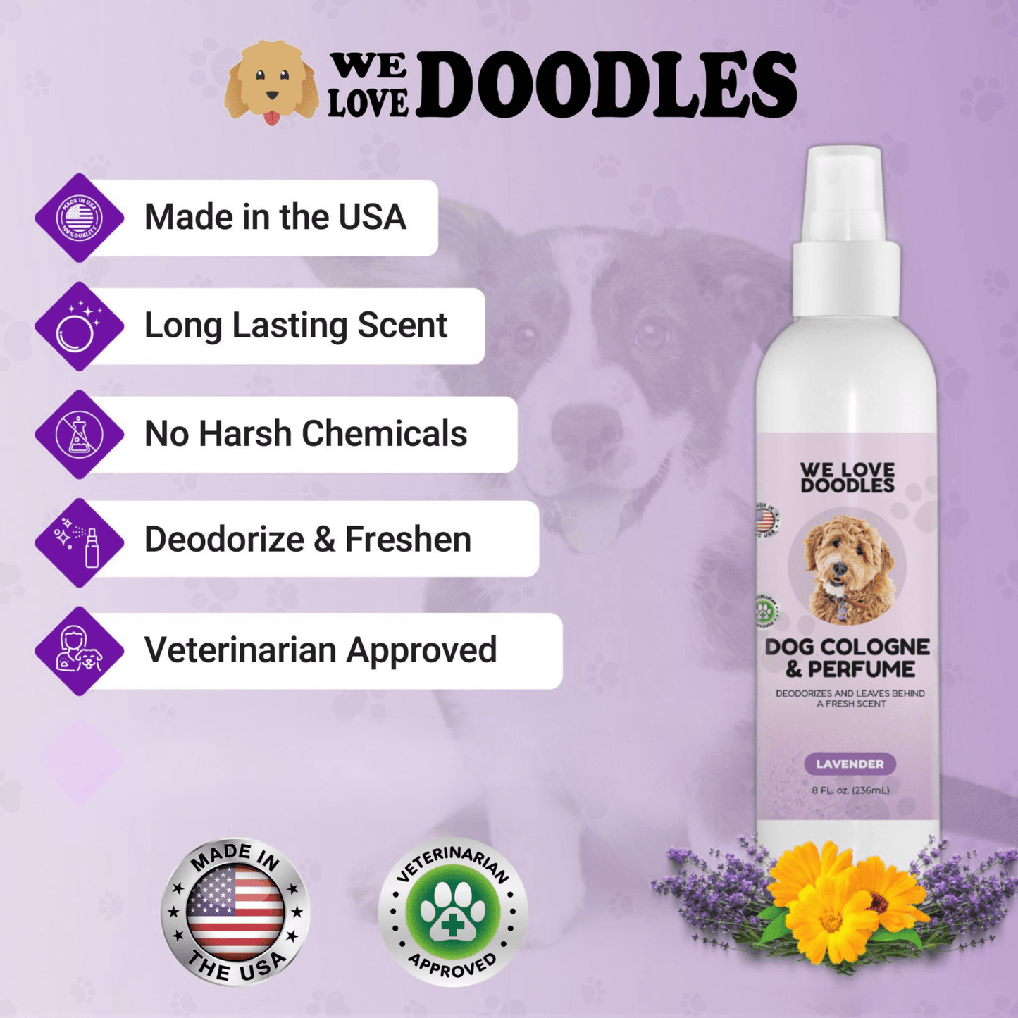 Clean Dog Cologne & Perfume, Deodorizing, Made In USA, For Smelly Dogs, Odor Eliminator Spray For Puppies, Lavender [We Love Doodles]