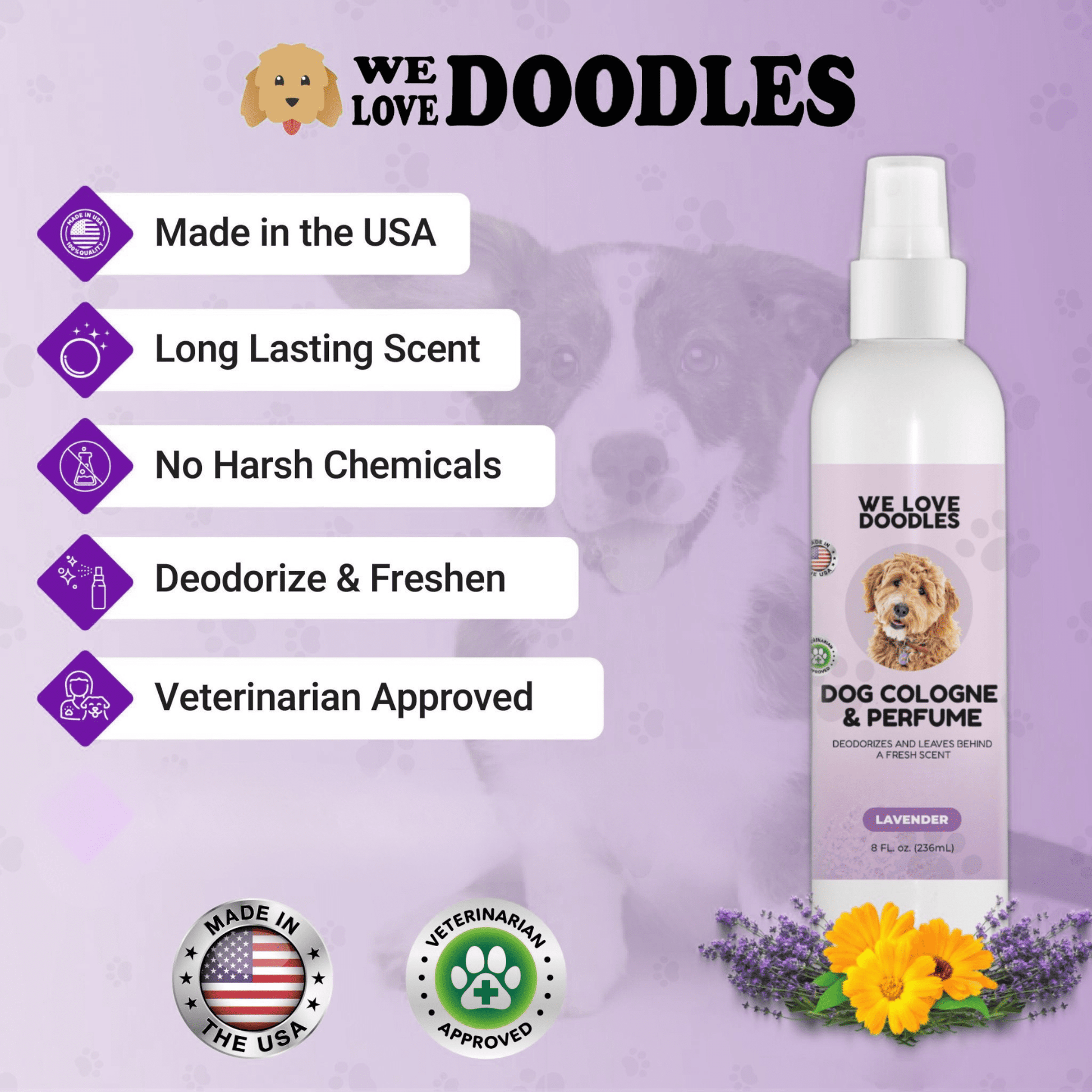 Clean Dog Cologne & Perfume, Deodorizing, Made In USA, For Smelly Dogs, Odor Eliminator Spray For Puppies, Lavender [We Love Doodles]