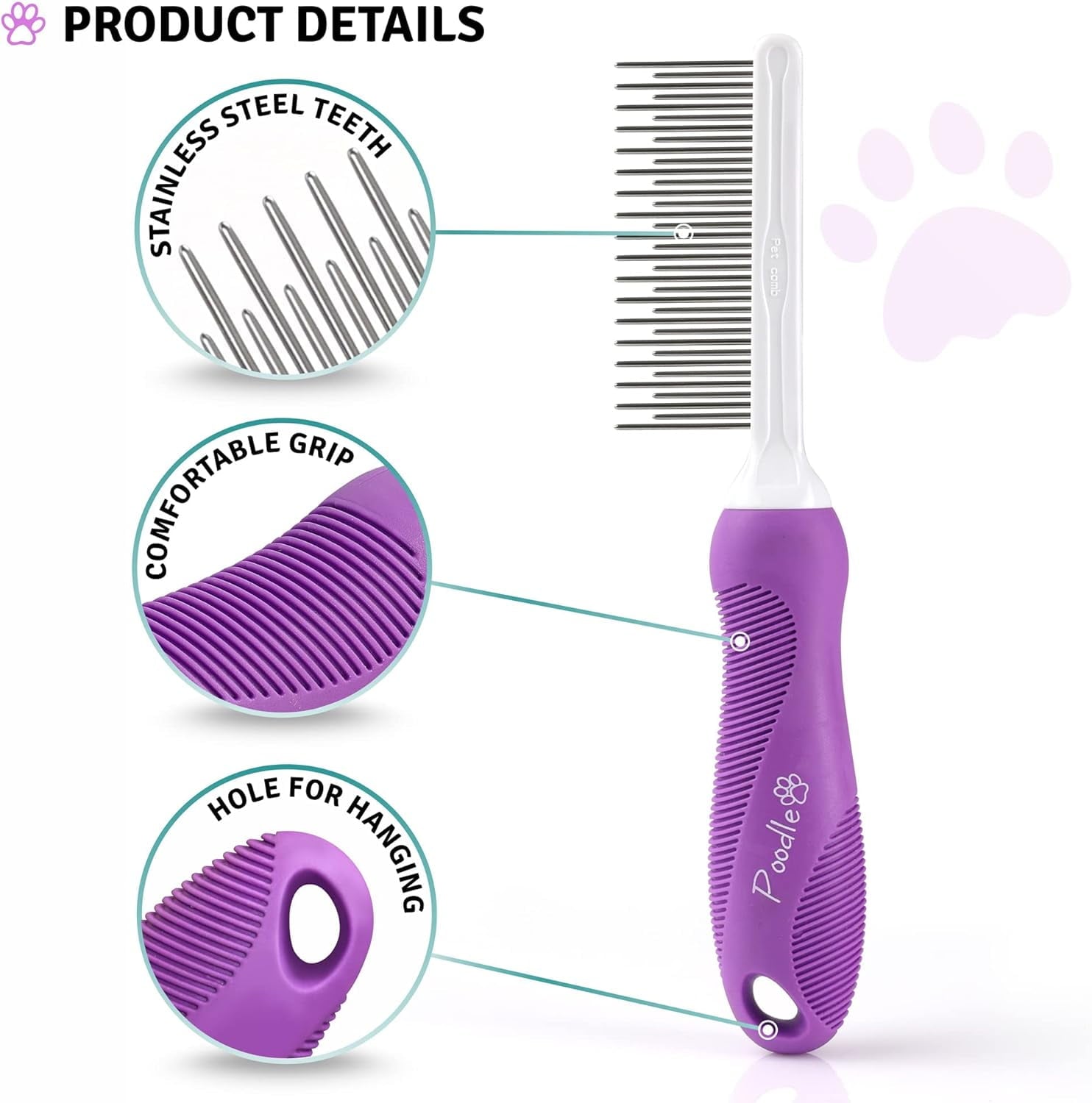 Poodle Pet 2-in-1 Stainless Steel Detangler Comb Cat & Dog Grooming Brush Groomer, Fleas Tool