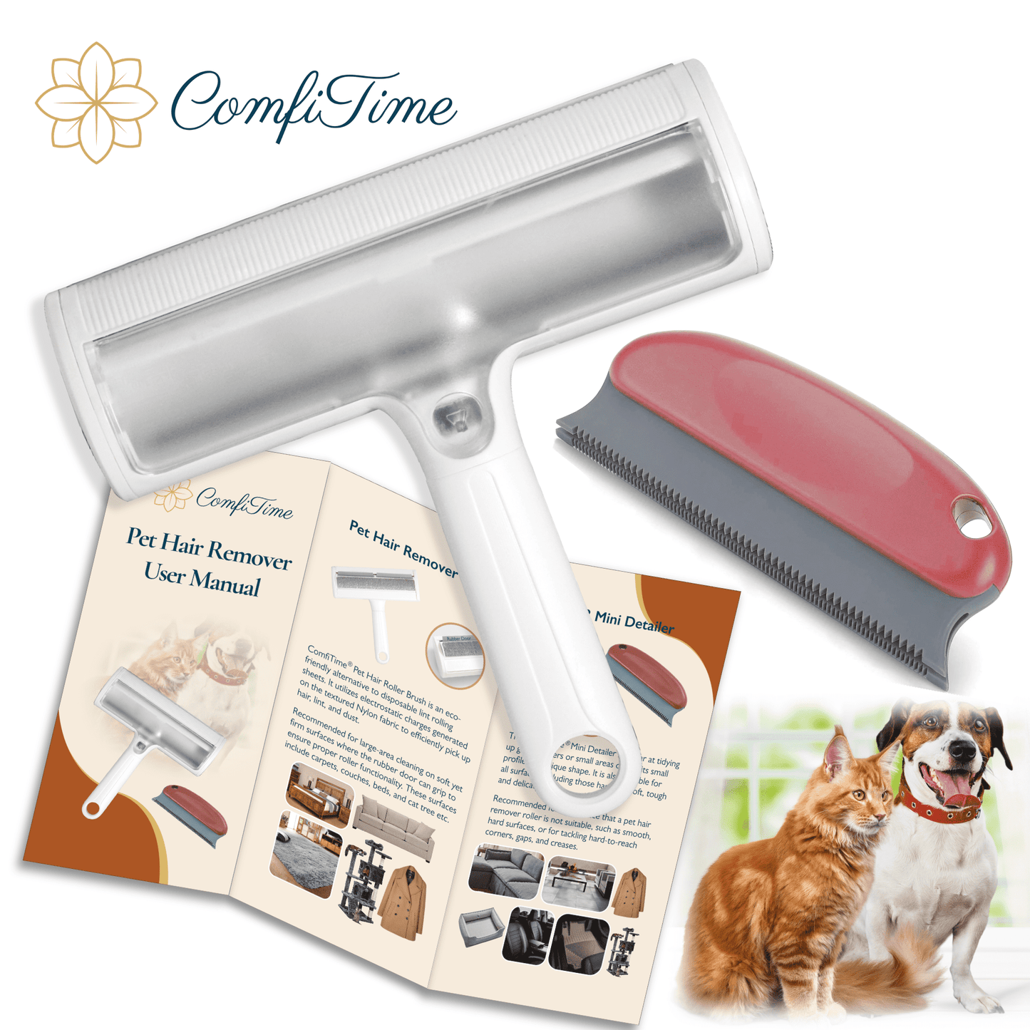 ComfiTime Pet Hair Remover - Pet Hair Roller & Detailer Set, Reusable Lint Roller for Pet Hair, Dog/Cat Hair Pet Fur Remover for Furniture, Couch,Carpet,Clothes & Bed,Portable Pet Hair Removal Tool