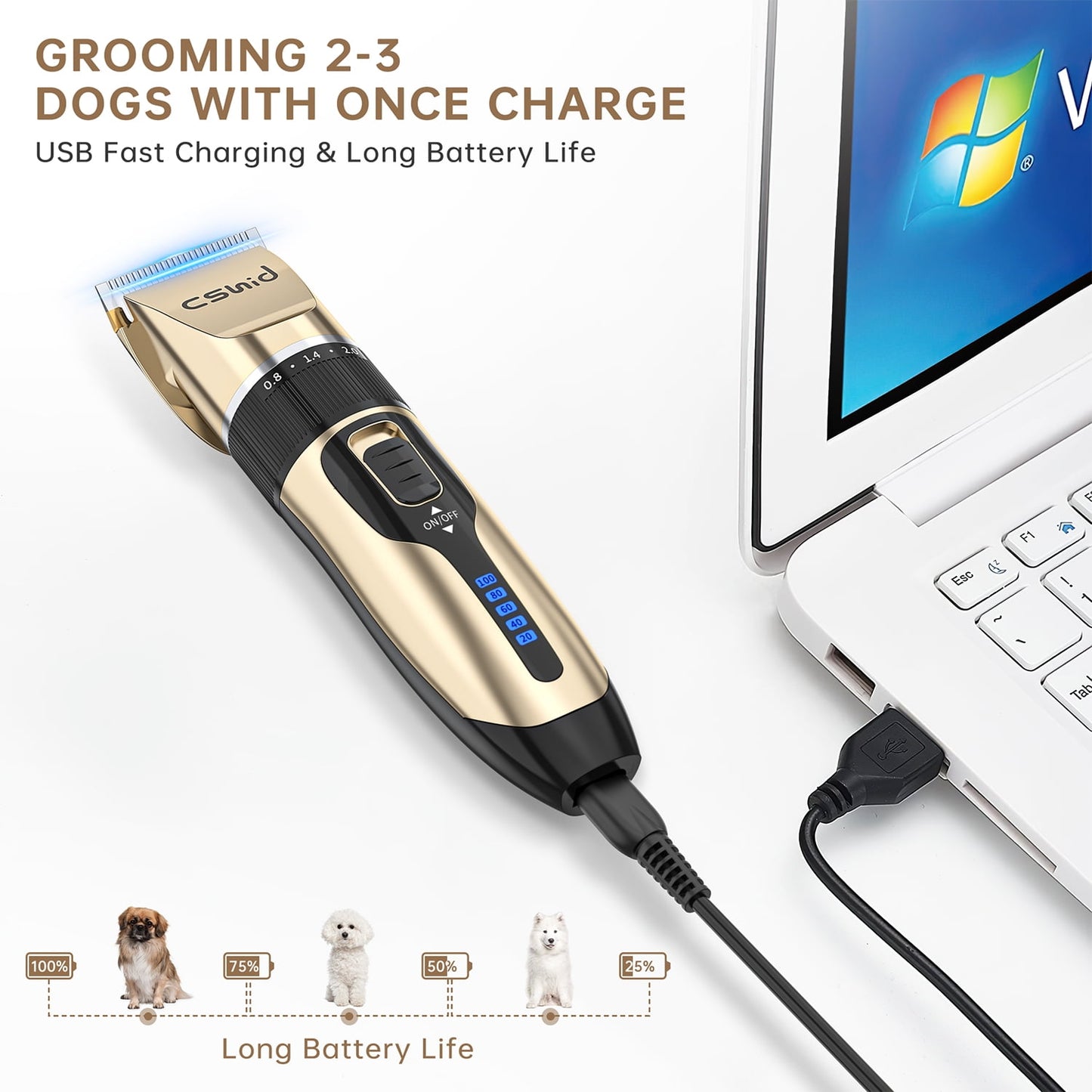 Dog Clippers, USB Rechargeable Cordless Dog Grooming Kit, Low Noise Electric Pets Hair Trimmers, Quiet Washable Shaver Clippers Shears for Thick Coats Dogs Cats with LED Display, 4 Comb Guides