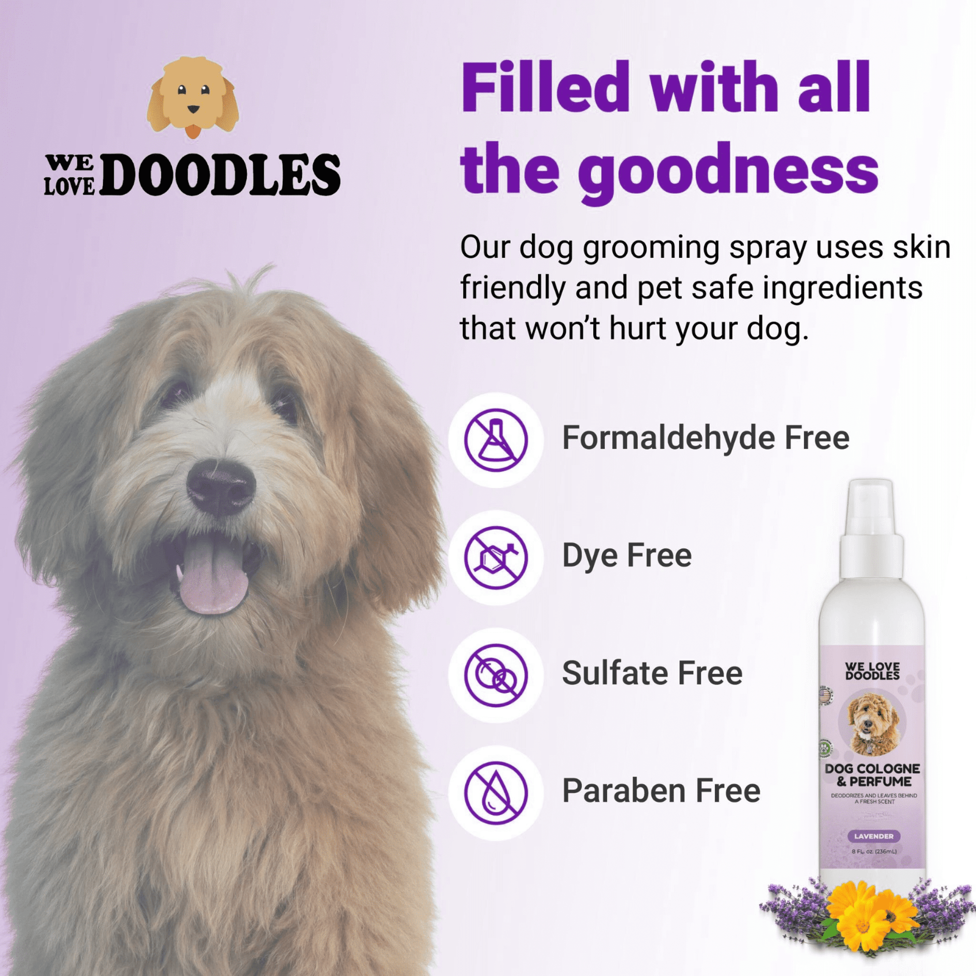 Clean Dog Cologne & Perfume, Deodorizing, Made In USA, For Smelly Dogs, Odor Eliminator Spray For Puppies, Lavender [We Love Doodles]