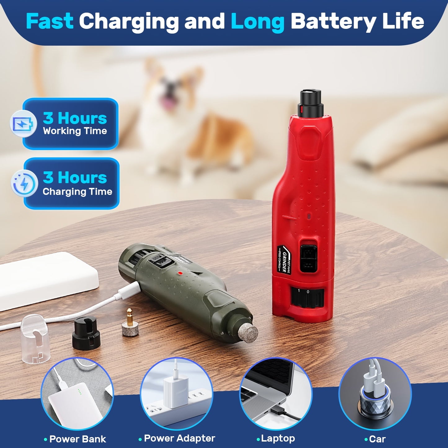 BEBANG Dog Nail Grinder Super Quiet, 6-Speed Pet Nail Grinder with 2 LED Lights, 3 Ports Dog Nail Trimmer