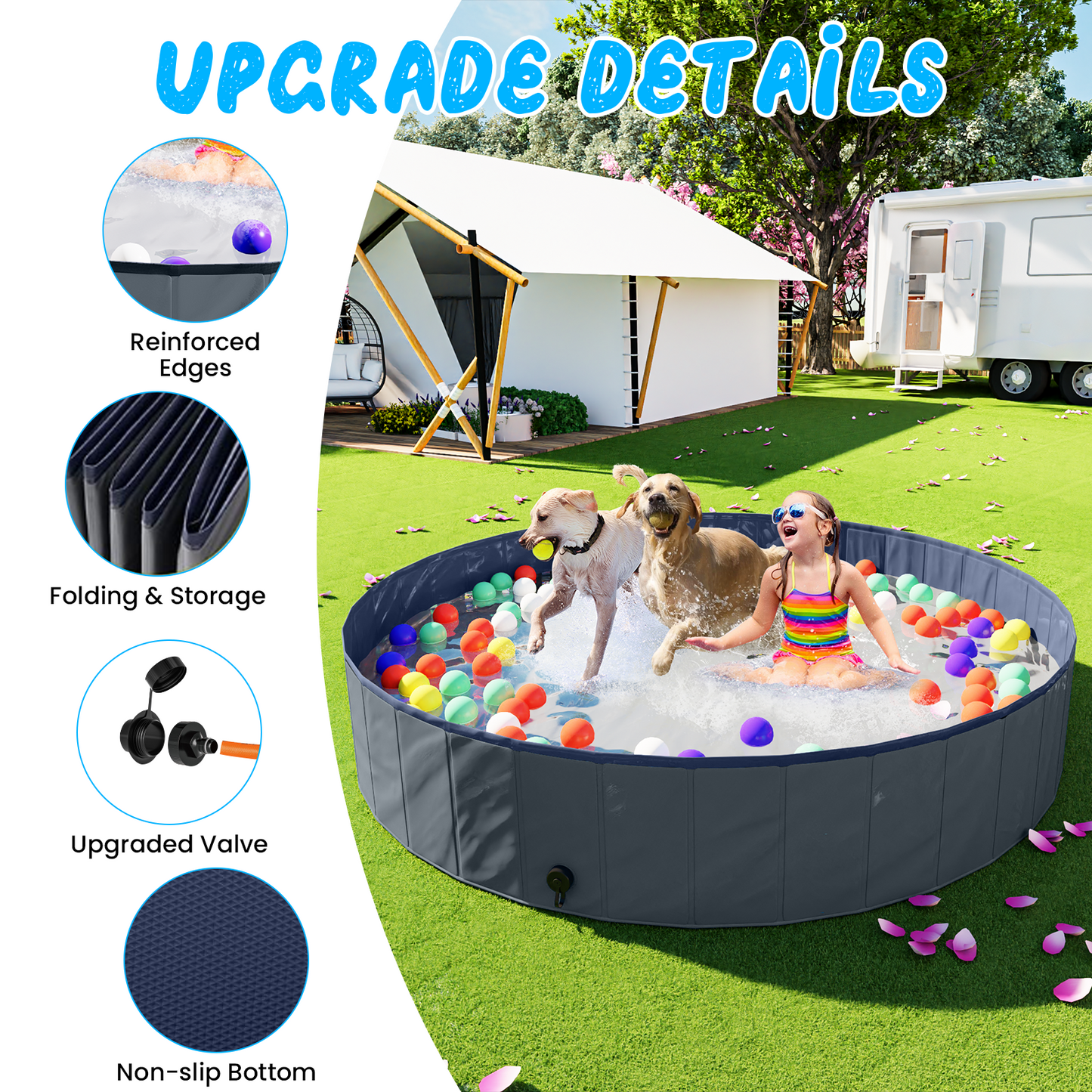 Furlinkhm Foldable Dog Pool, Outdoor Kiddie Pool with Hard Plastic, Portable Non-Slip Dog Bath Tub, Collapsible Dog Swimming Pool for Dogs Pets Kids (Gray, 63" x 12")