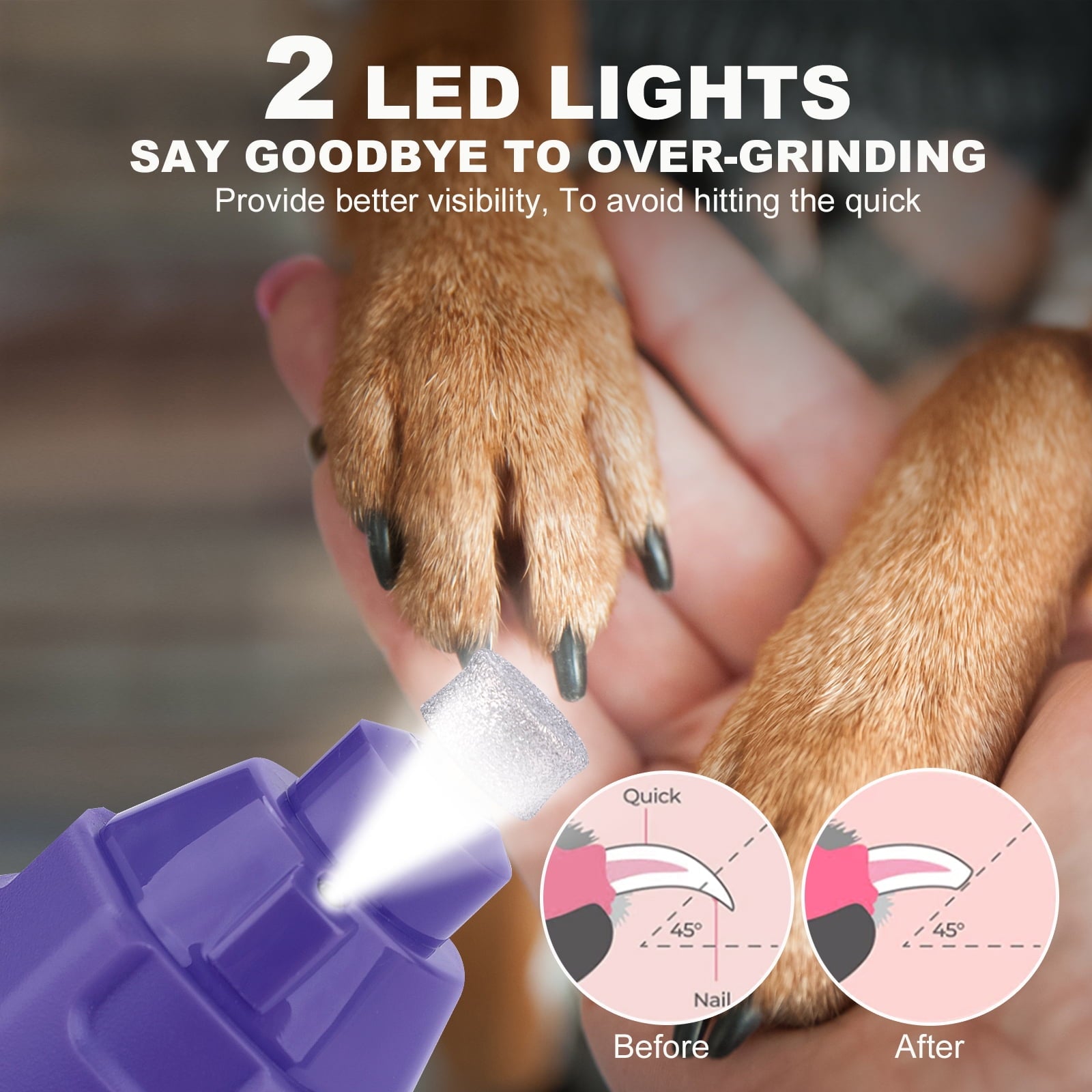 LAKWAR Dog Nail Grinder,6-Speed Pet Nail Grinder W/Light Quiet Rechargeable Electric Dog Nail Trimmer Painless Paws Grooming & Smoothing Tool for Large Medium Small Dogs(Purple)