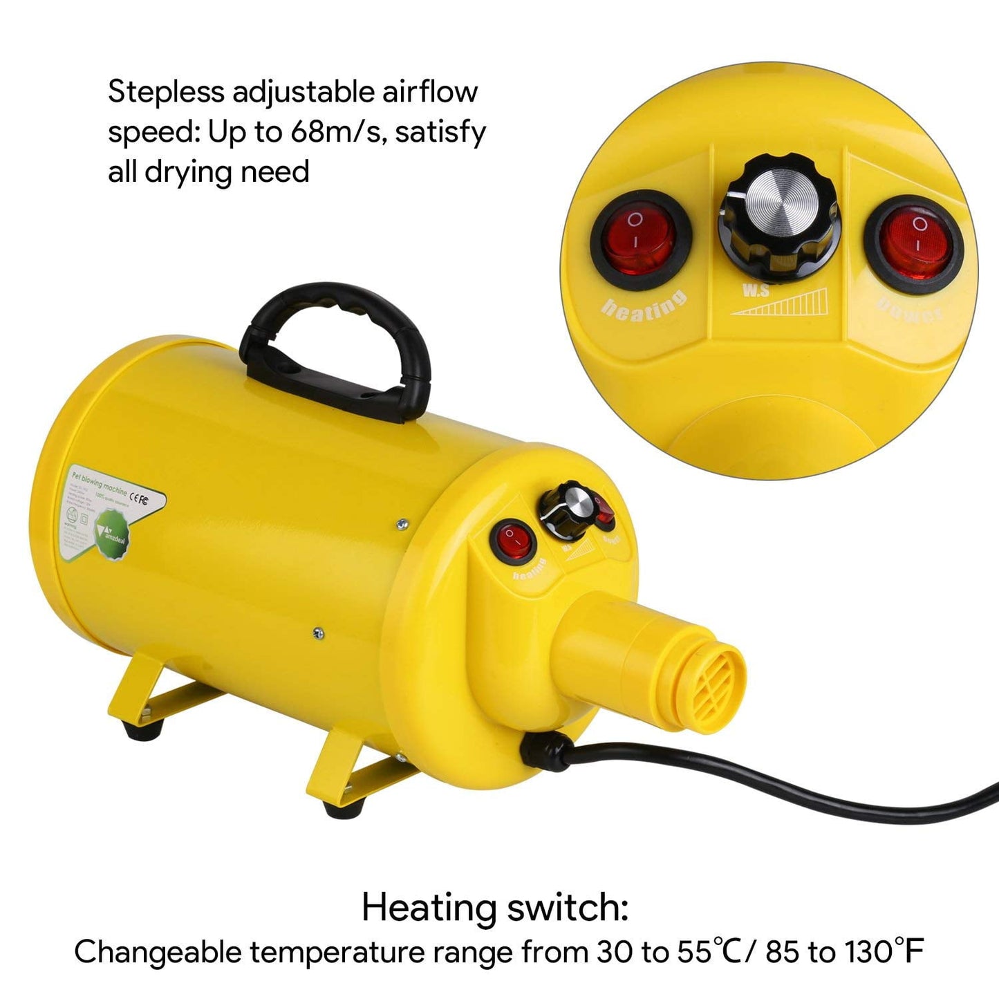 RichYa  Professional Dryer for Large Dogs, Pet Hair Grooming Blower Blaster with Strong Power, Yellow