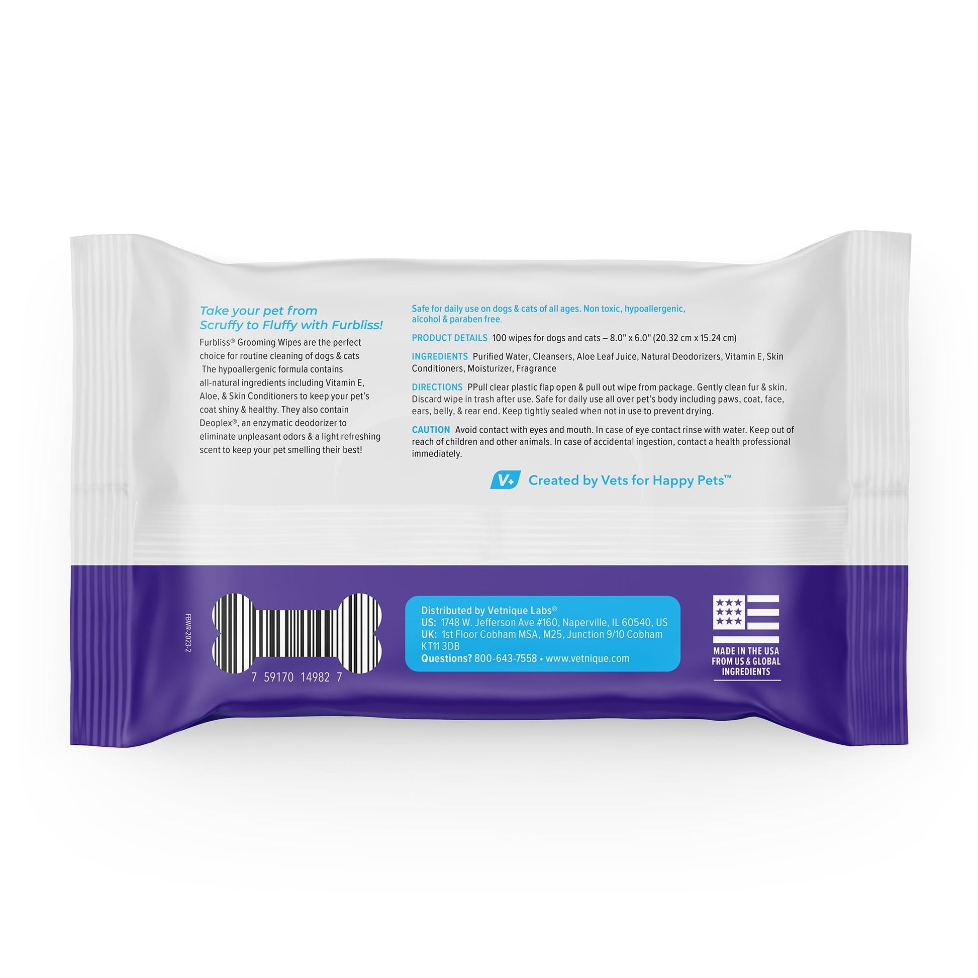 Vetnique Labs Furbliss Hygienic Pet Wipes for Dogs & Cats, Refreshing Scent, 100 Count