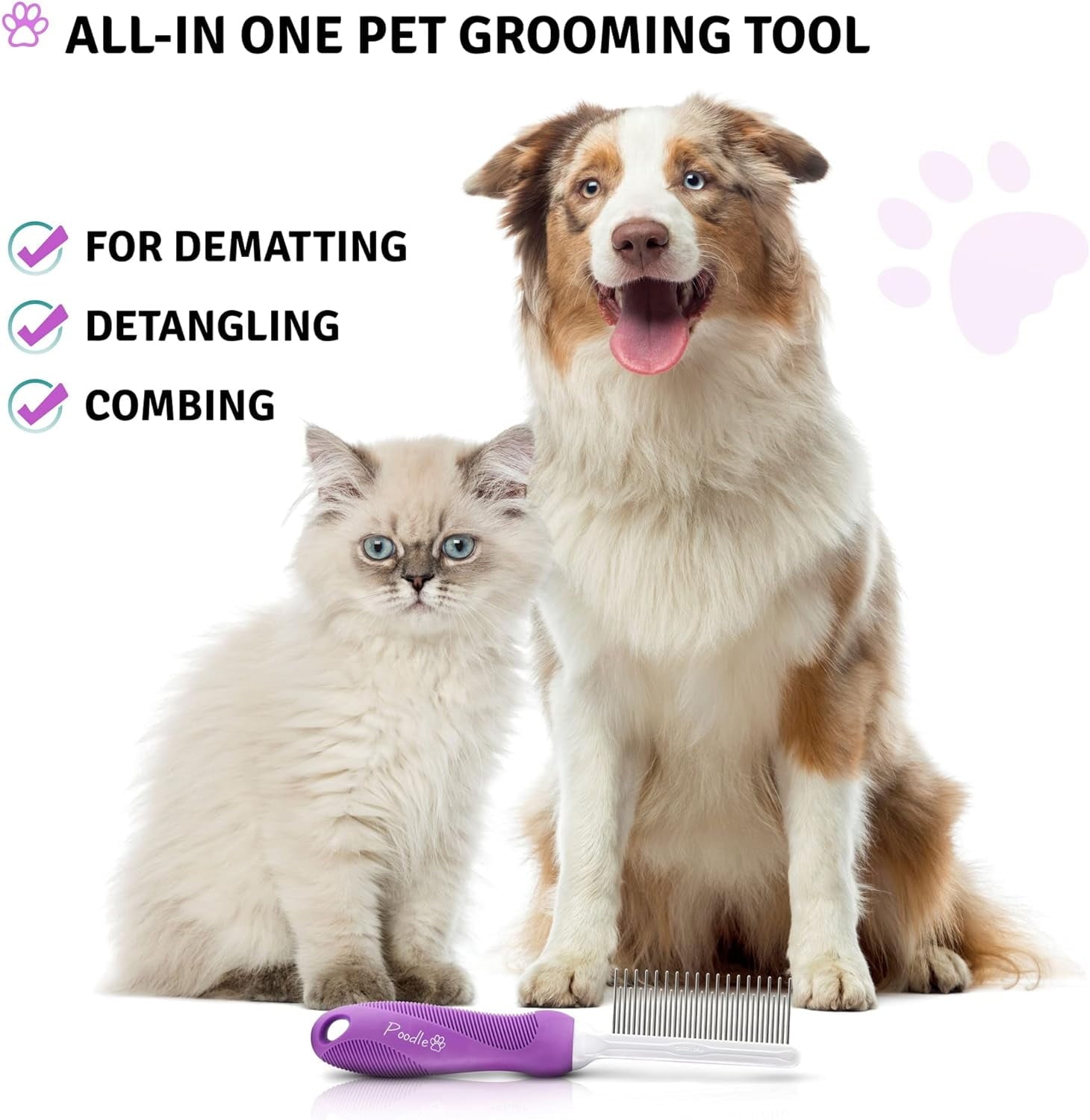 Poodle Pet 2-in-1 Stainless Steel Detangler Comb Cat & Dog Grooming Brush Groomer, Fleas Tool