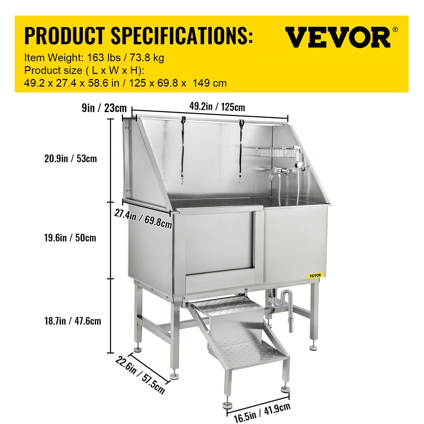 VEVORbrand 50 inch Dog Grooming Tub, Professional Stainless Steel Pet Dog Bath Tub with Steps Faucet & Accessories Dog Washing Station, Left-Door