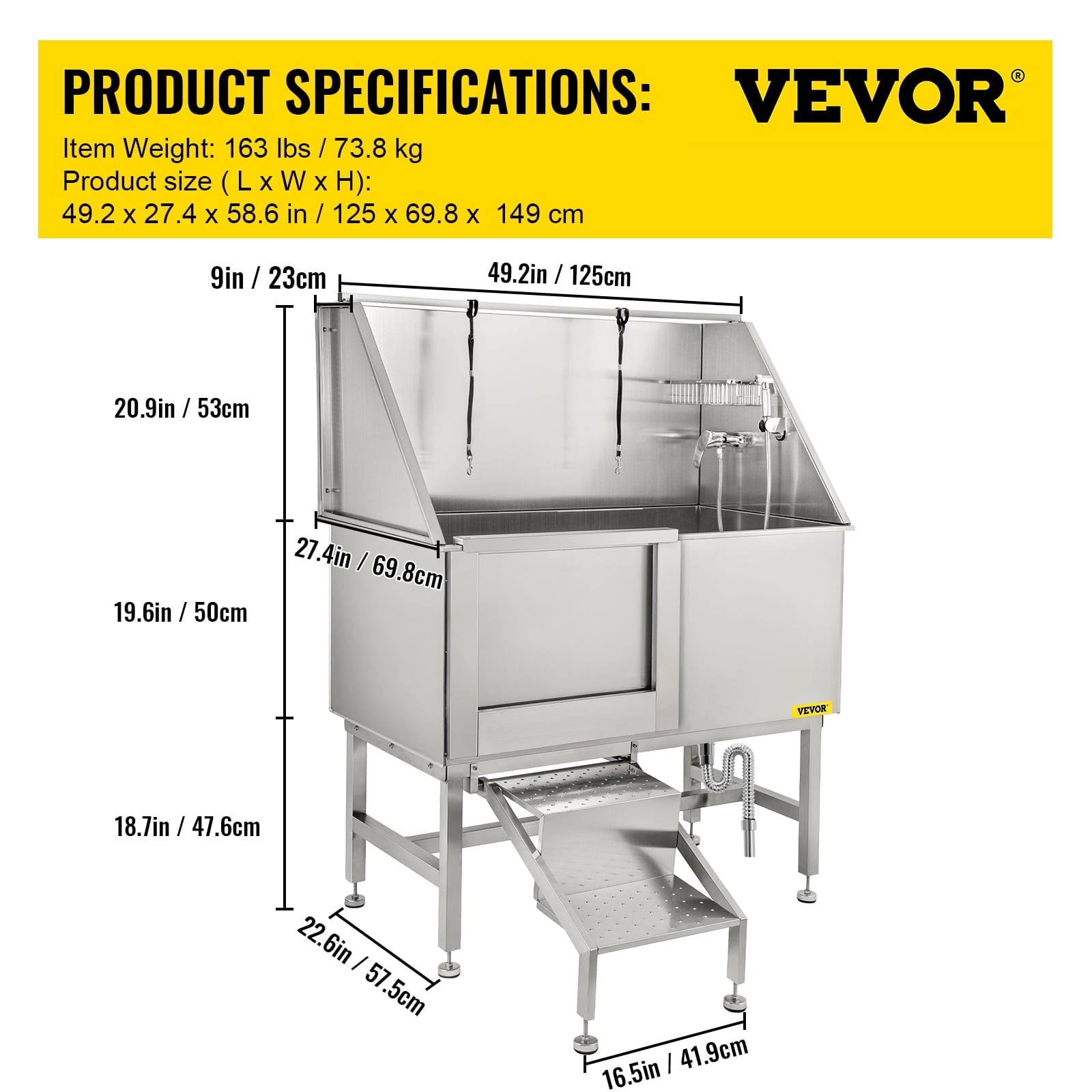 VEVORbrand 50 inch Dog Grooming Tub, Professional Stainless Steel Pet Dog Bath Tub with Steps Faucet & Accessories Dog Washing Station, Left-Door