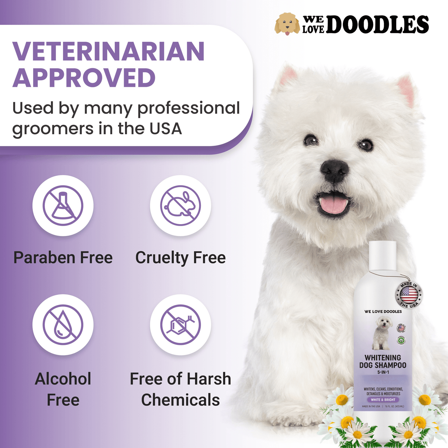 Whitening Dog Shampoo | Clean Ingredients | Made in USA | Brightening Dogs Fur | White & Bright Hair | Removes Stains & Discoloration [We Love Doodles]