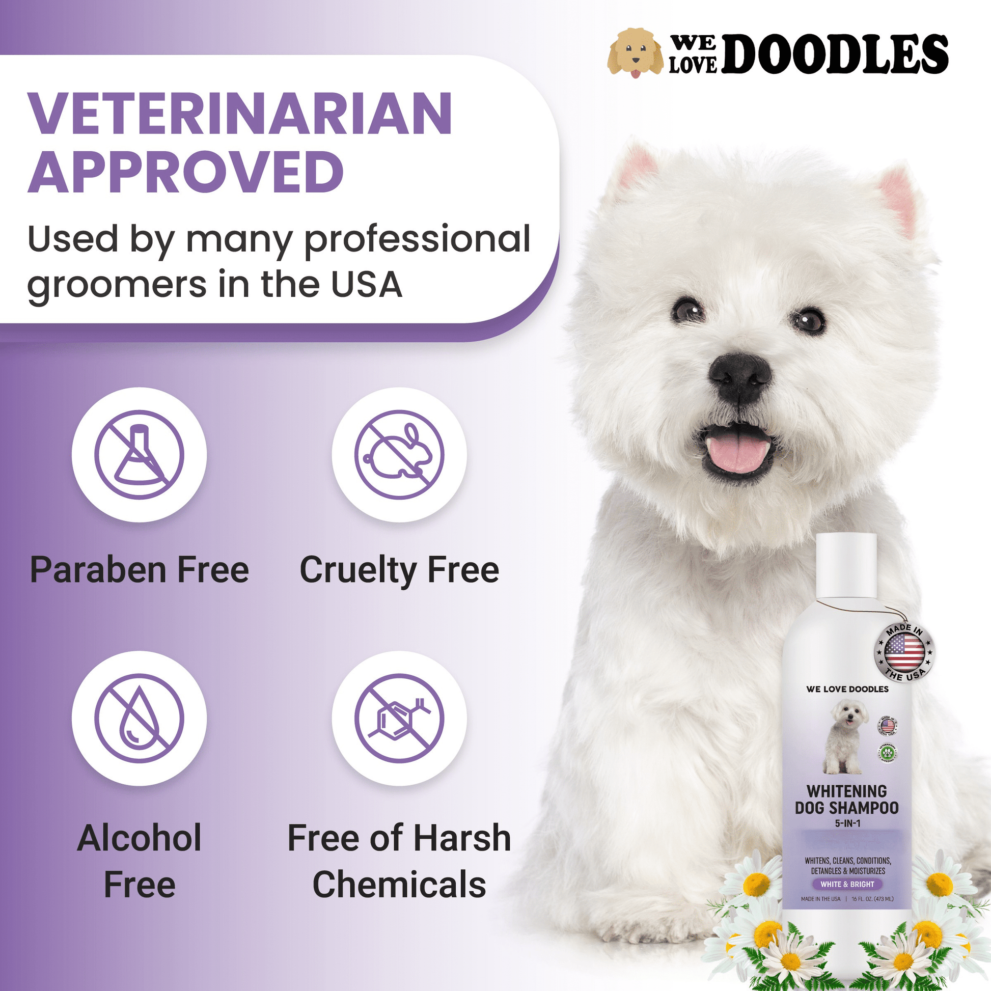 Whitening Dog Shampoo | Clean Ingredients | Made in USA | Brightening Dogs Fur | White & Bright Hair | Removes Stains & Discoloration [We Love Doodles]