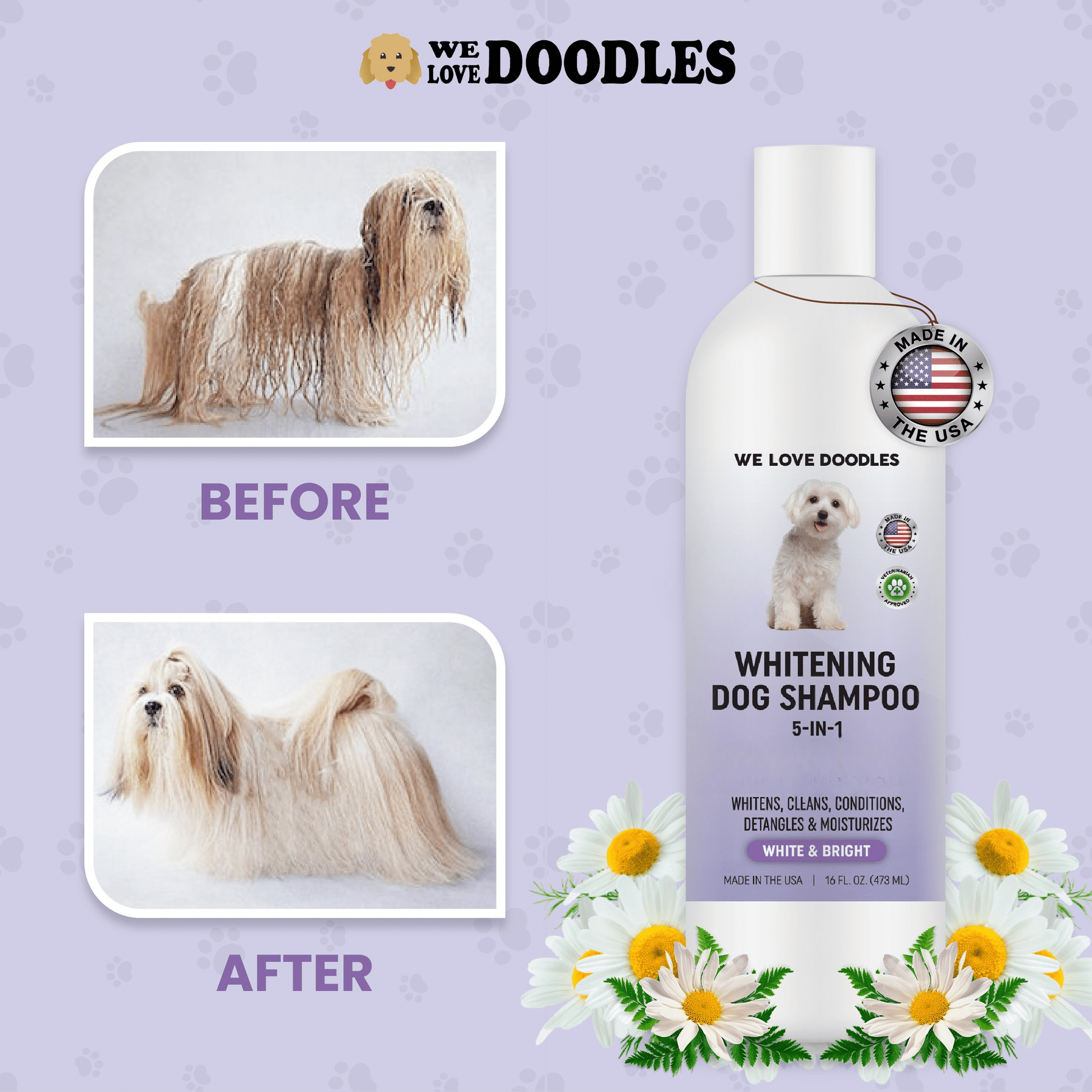 Whitening Dog Shampoo | Clean Ingredients | Made in USA | Brightening Dogs Fur | White & Bright Hair | Removes Stains & Discoloration [We Love Doodles]