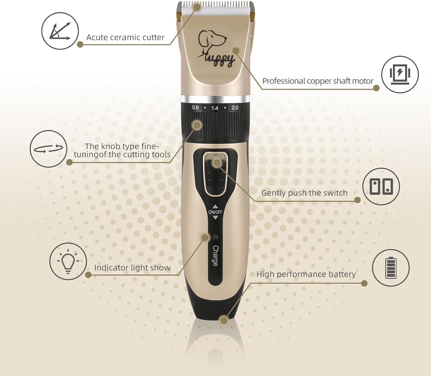 BN-LINK Dog Grooming Kit Clippers, Low Noise Rechargeable Electric Pet Hair Thick Coats Clippers Trimmers Set, Suitable for Dogs, Cats, and Other Pets (Gold)