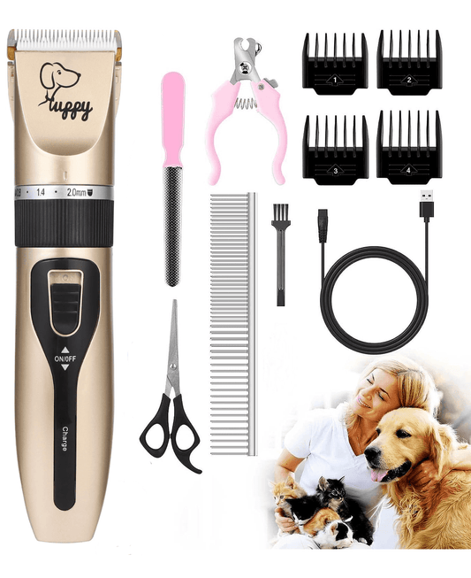 BN-LINK Dog Grooming Kit Clippers, Low Noise Rechargeable Electric Pet Hair Thick Coats Clippers Trimmers Set, Suitable for Dogs, Cats, and Other Pets (Gold)