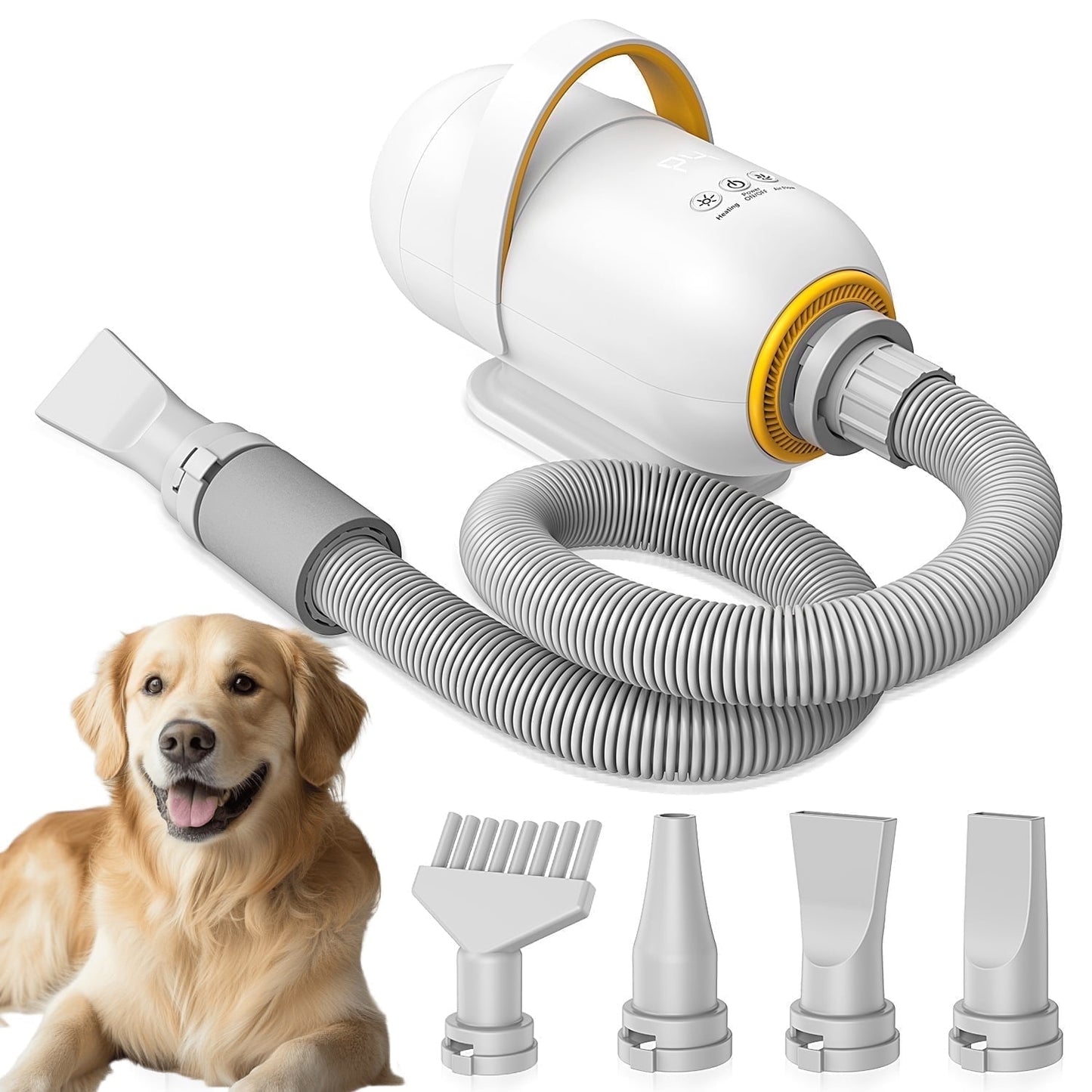 Dog Blower Pet Hair Dryer with Adjustable Speed Temperature, Large Dog Hair Grooming Blower after Bath Swimming, 7 Levels Airflow Heating Blower with 4 Nozzles